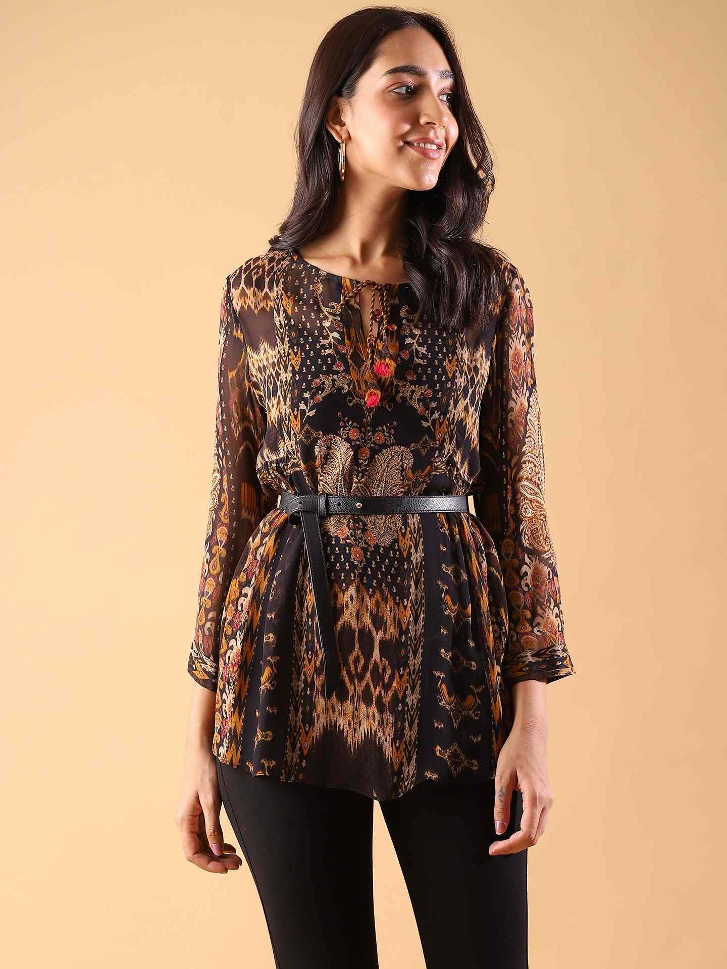Black Boho Ikat Top