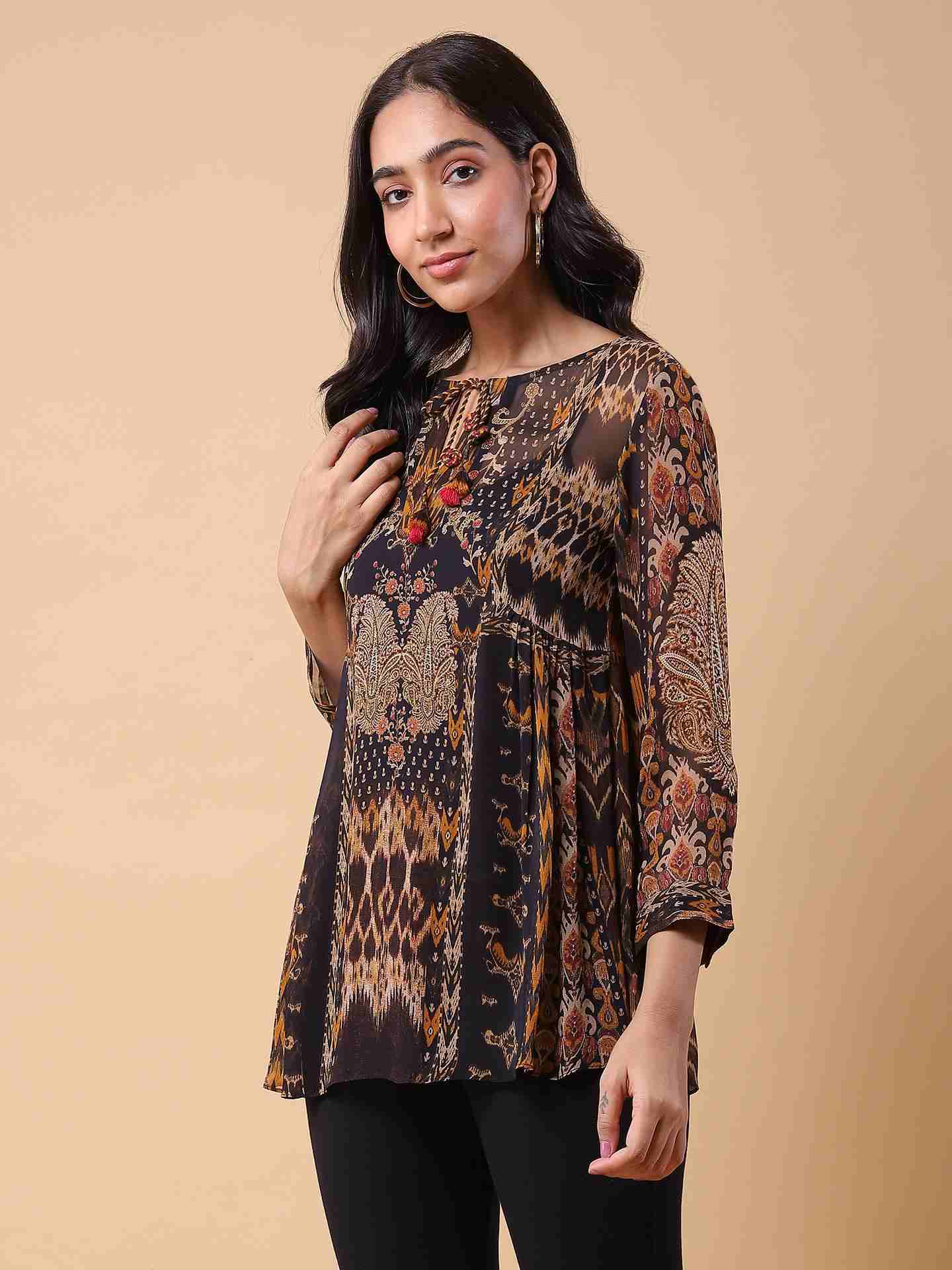 Black Boho Ikat Top