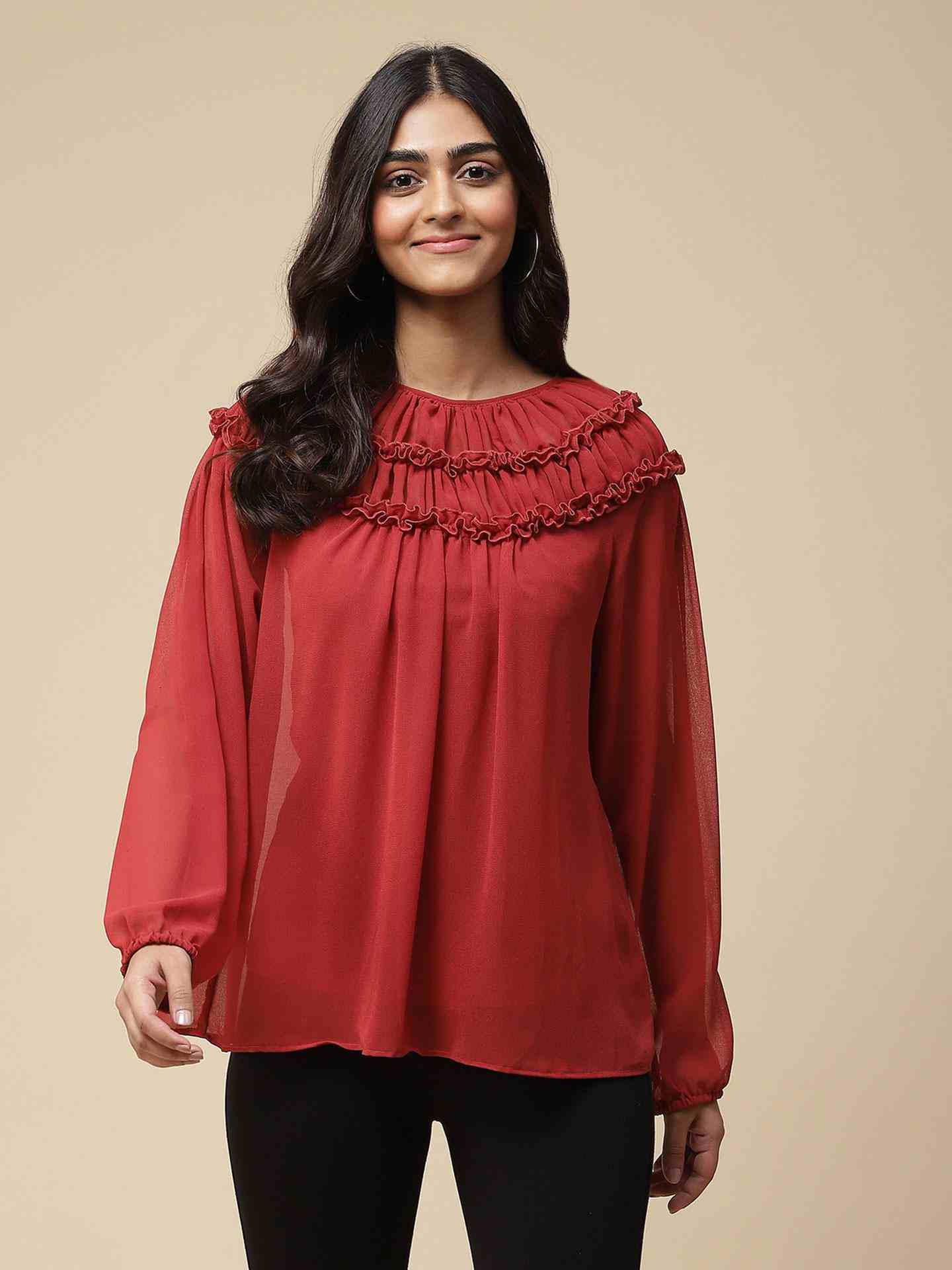 Maroon Islamic Butti Solid Boxy Top