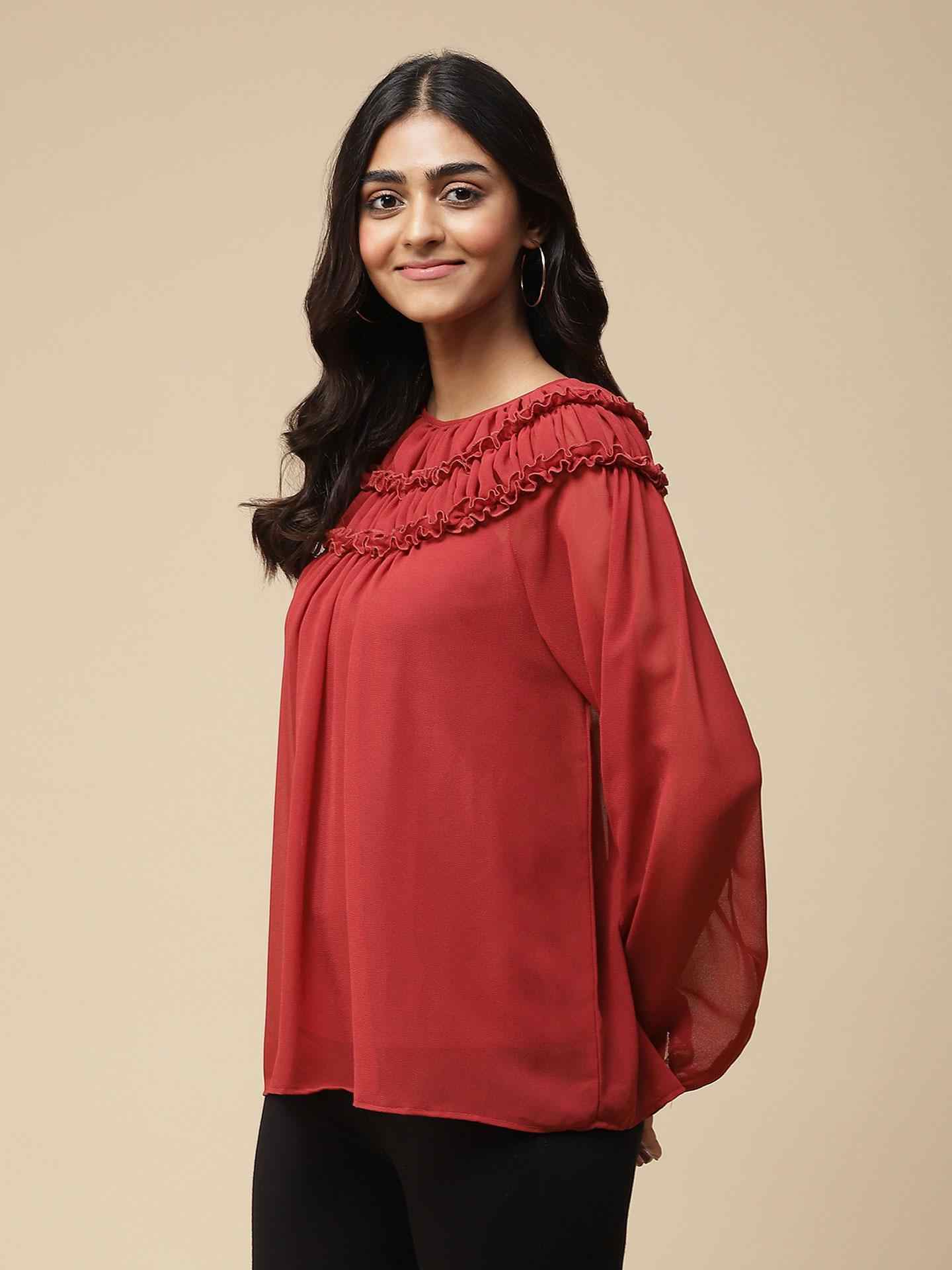 Maroon Islamic Butti Solid Boxy Top