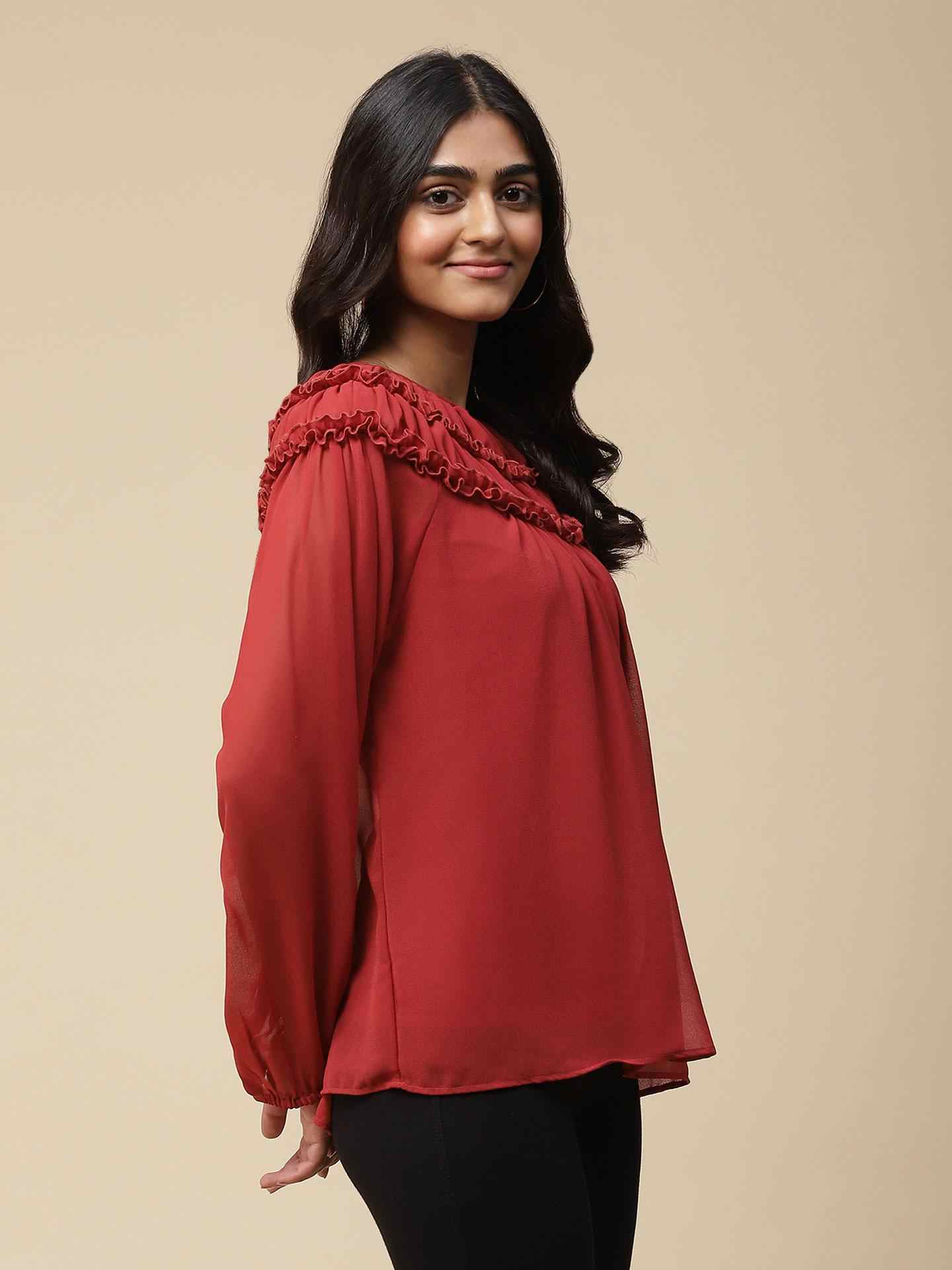 Maroon Islamic Butti Solid Boxy Top