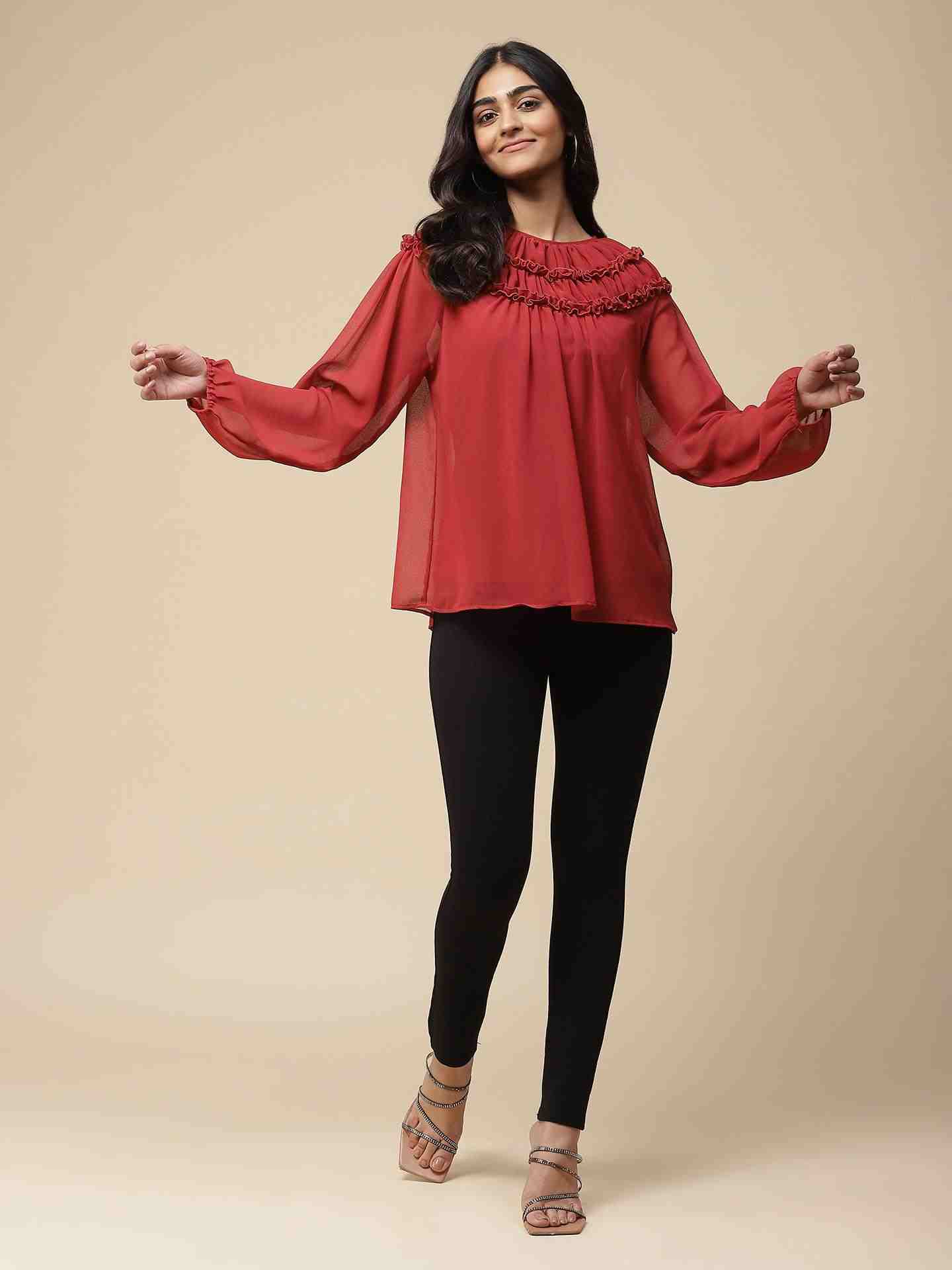 Maroon Islamic Butti Solid Boxy Top
