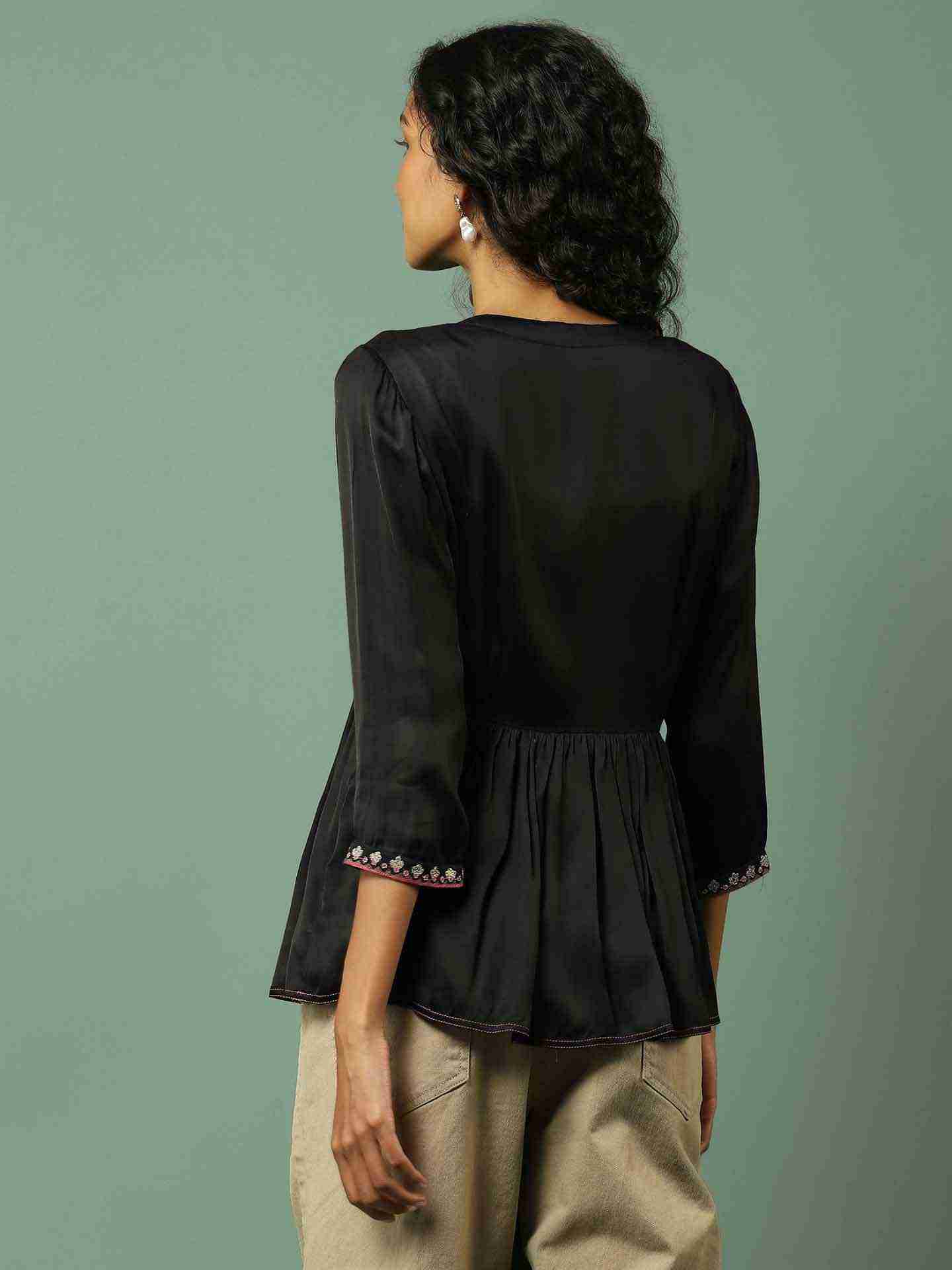 Black Solid Tiered Top