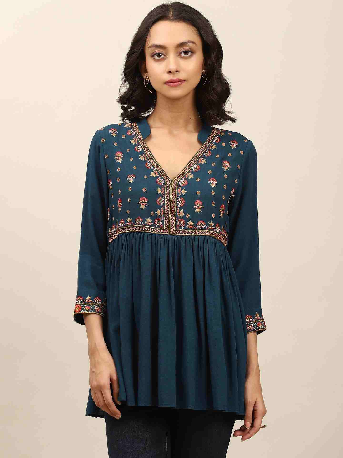 Blue Ikat Solid Tiered Top