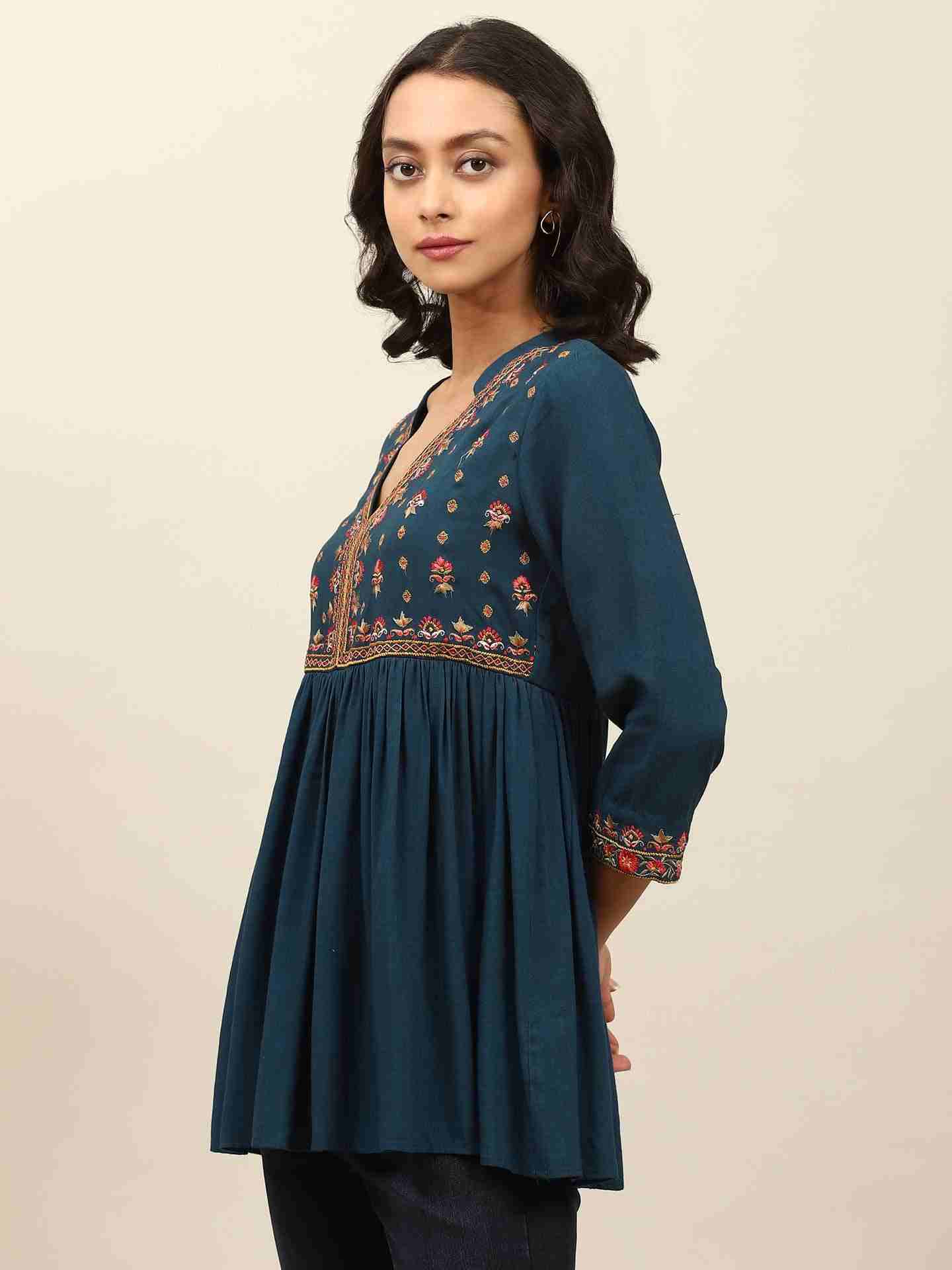 Blue Ikat Solid Tiered Top