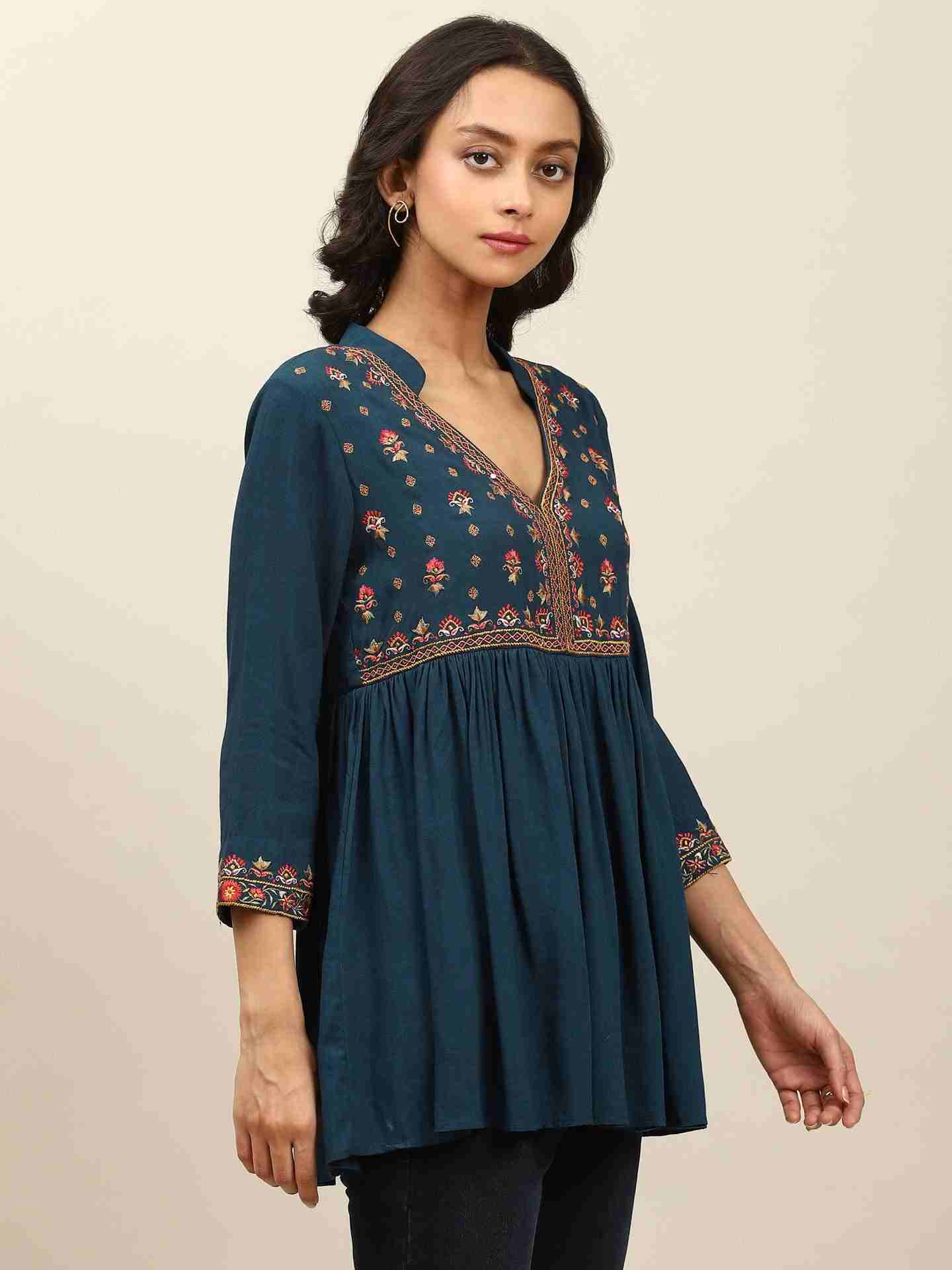 Blue Ikat Solid Tiered Top