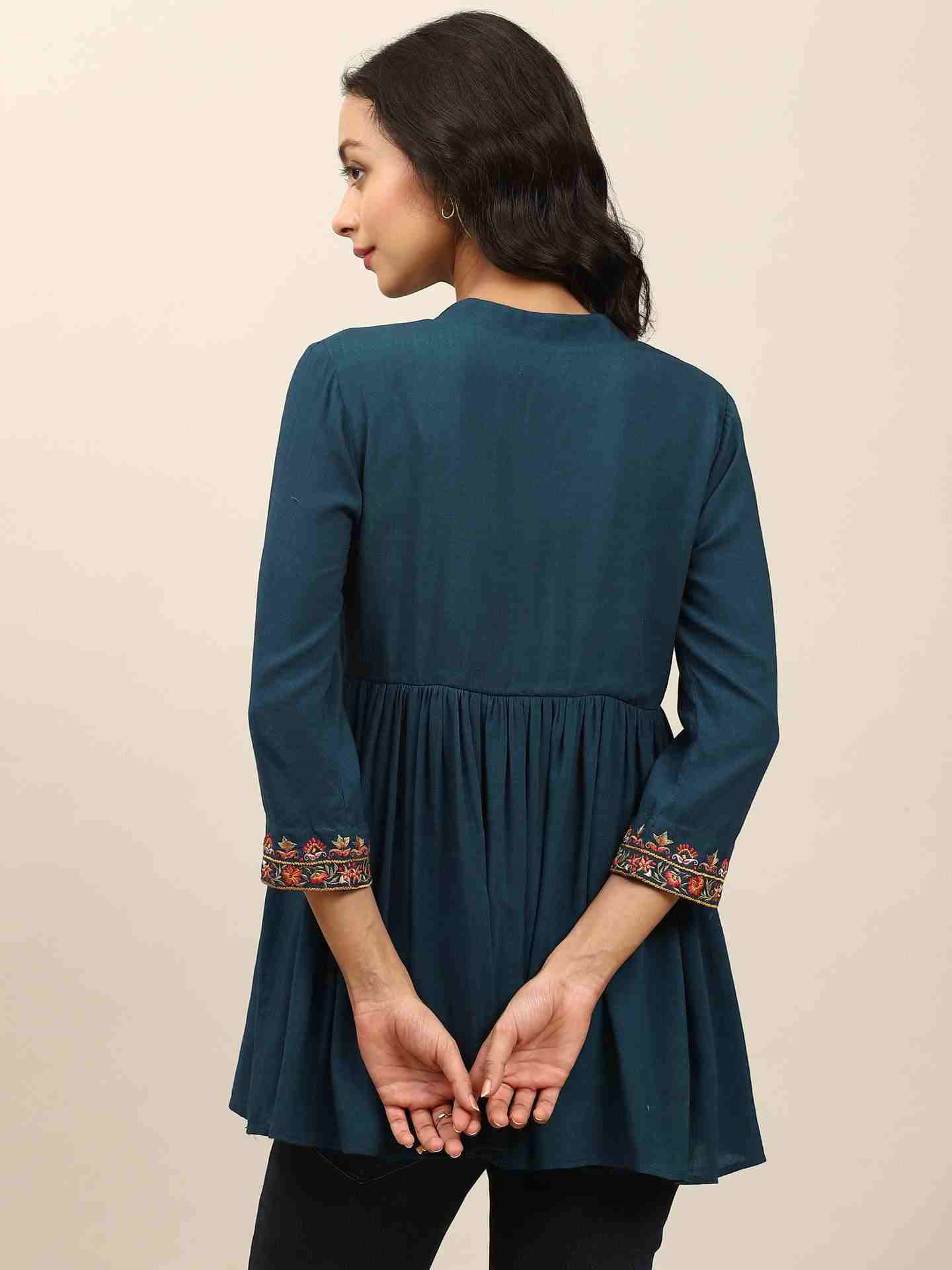 Blue Ikat Solid Tiered Top