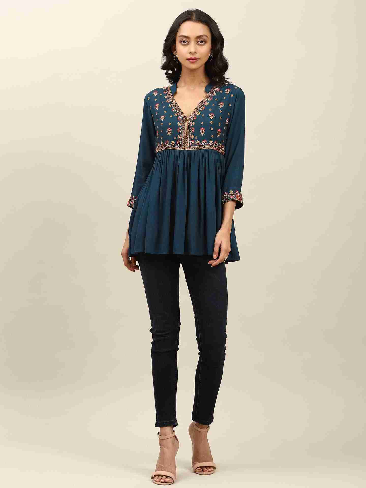 Blue Ikat Solid Tiered Top