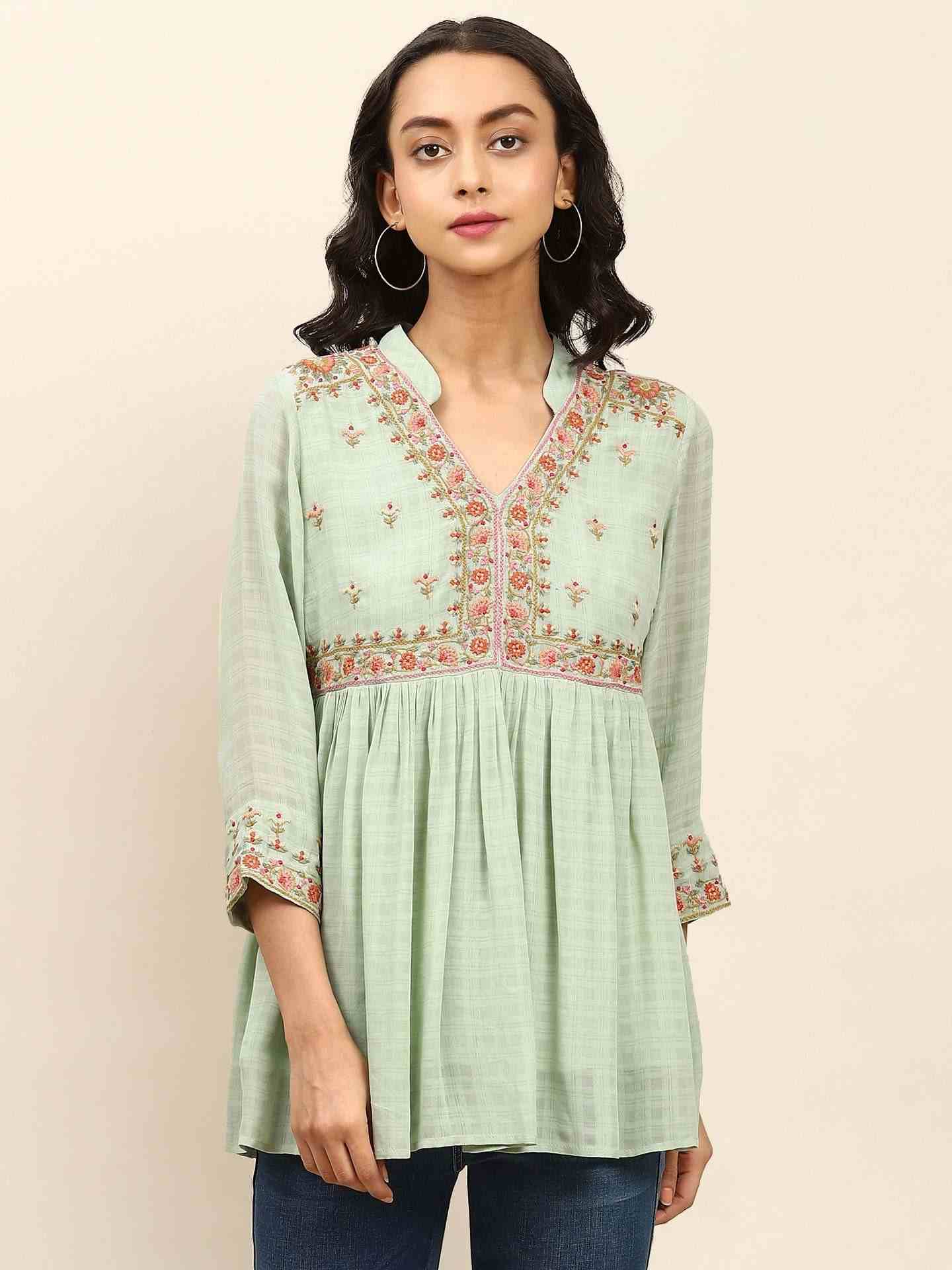 Mint Savrane Solid Tiered Top
