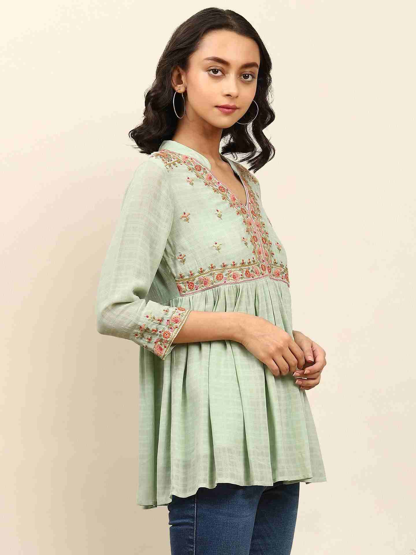 Mint Savrane Solid Tiered Top