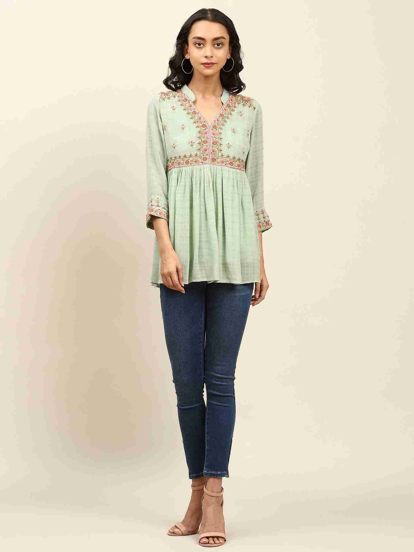Mint Savrane Solid Tiered Top