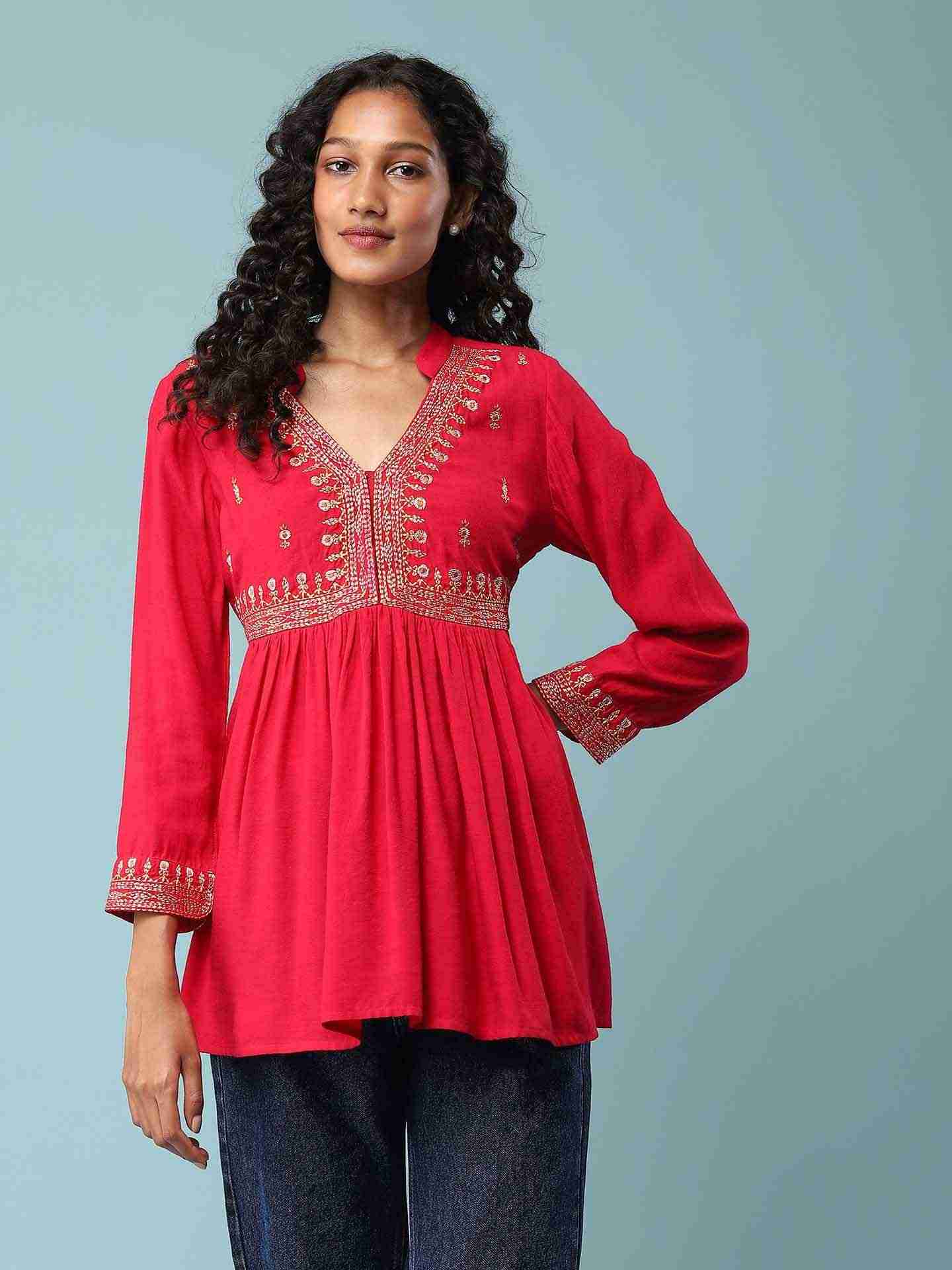 Red Adriti Solid Kurti