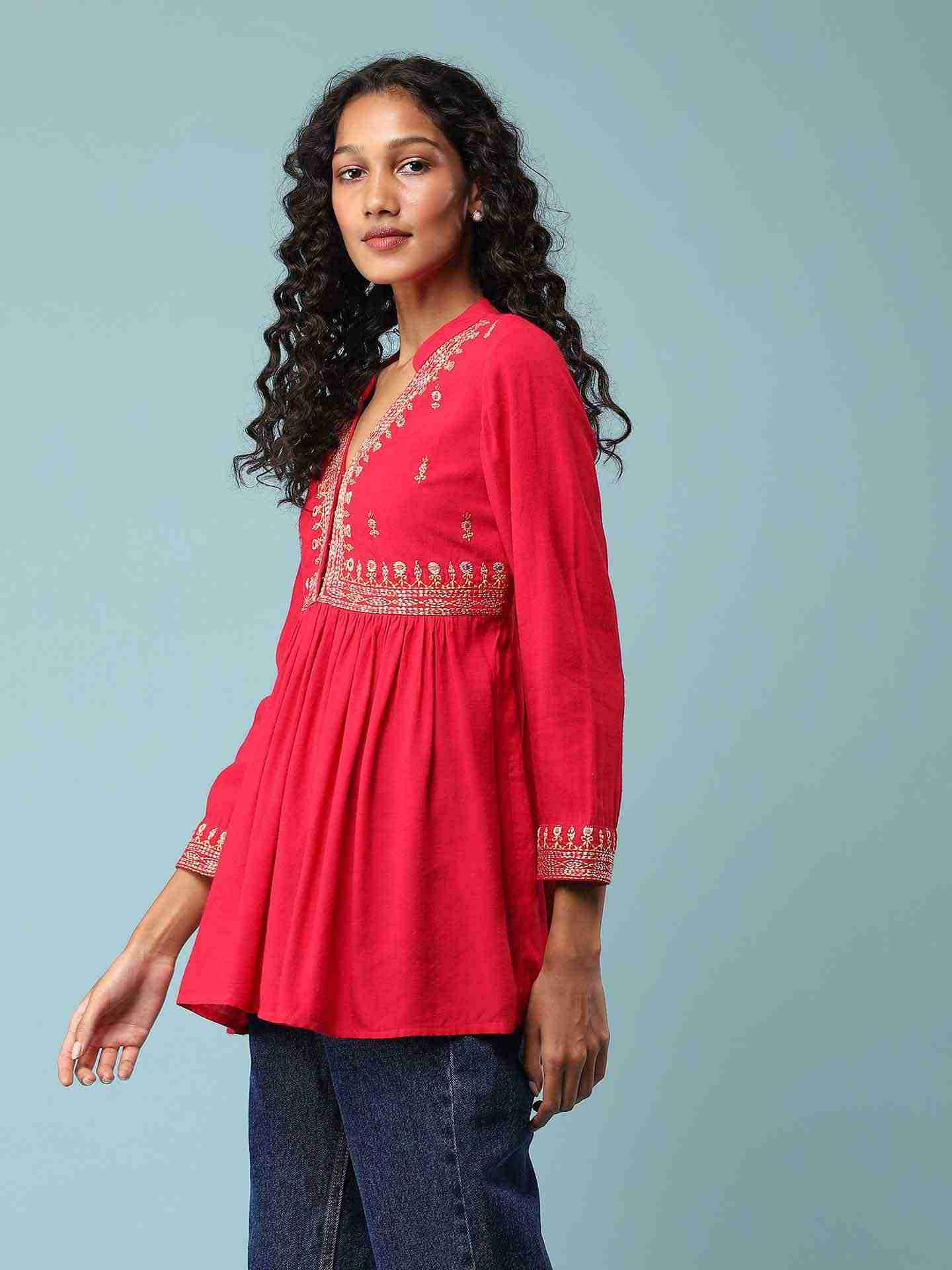 Red Adriti Solid Kurti