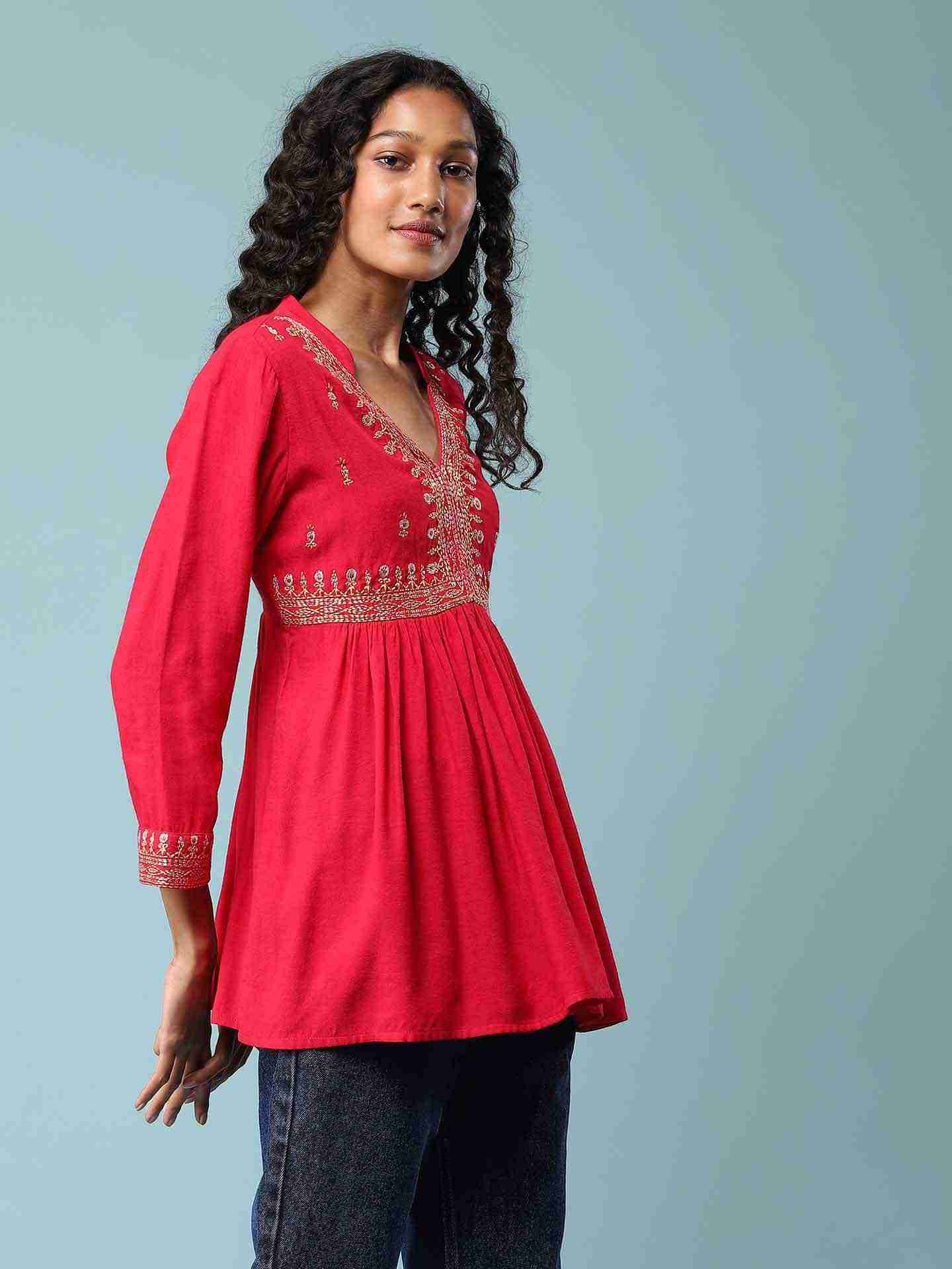 Red Adriti Solid Kurti