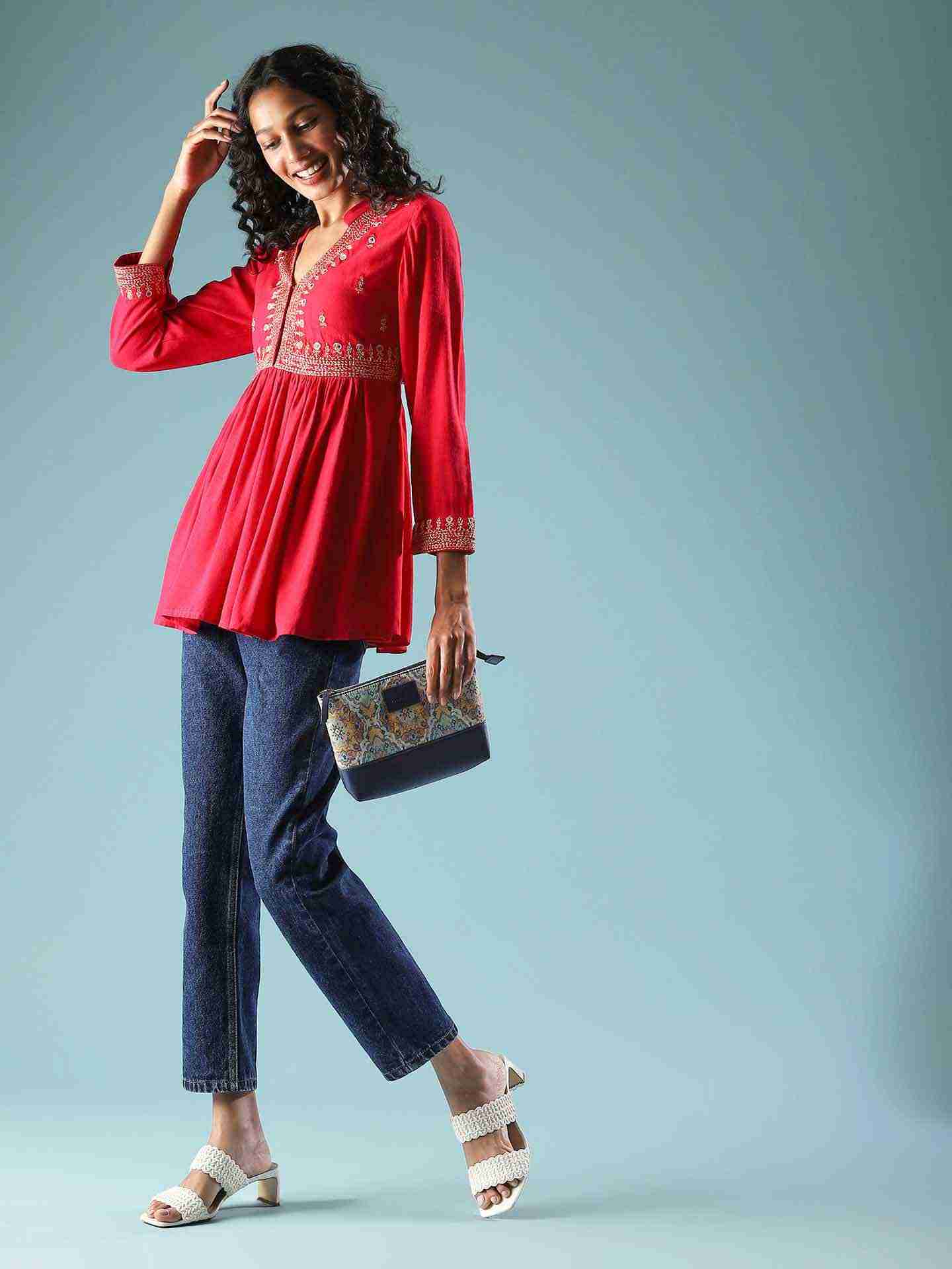 Red Adriti Solid Kurti