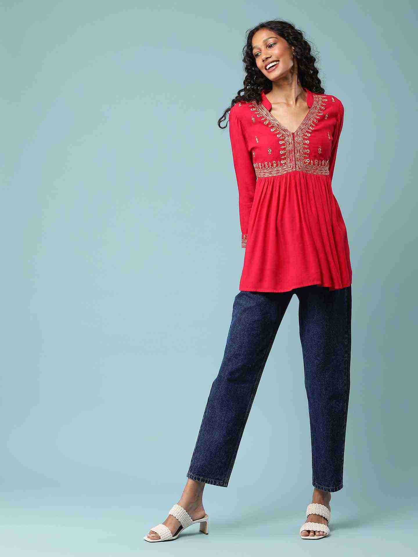 Red Adriti Solid Kurti