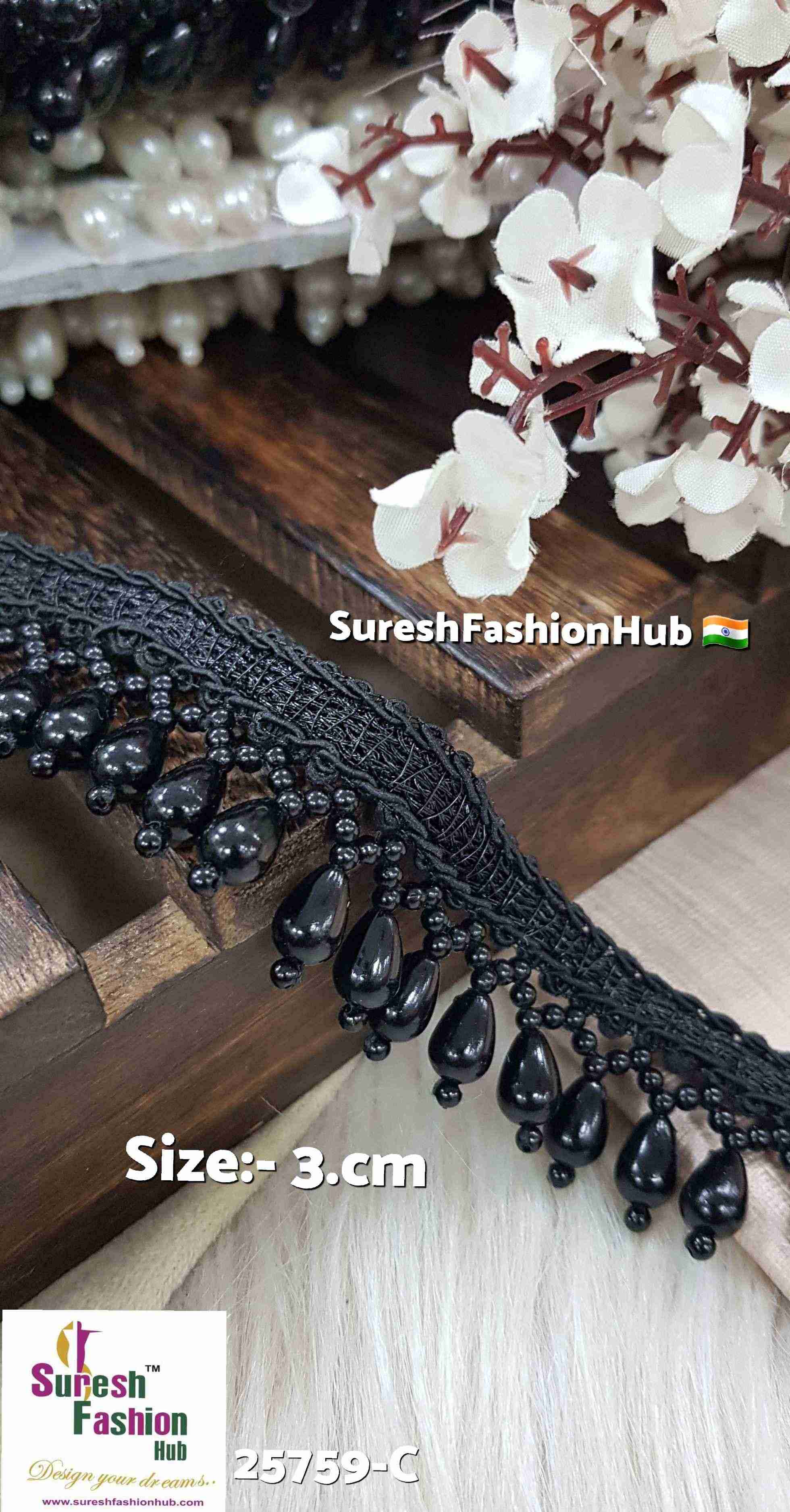 Black Handmade Beads & Pearl Jhalar Lace