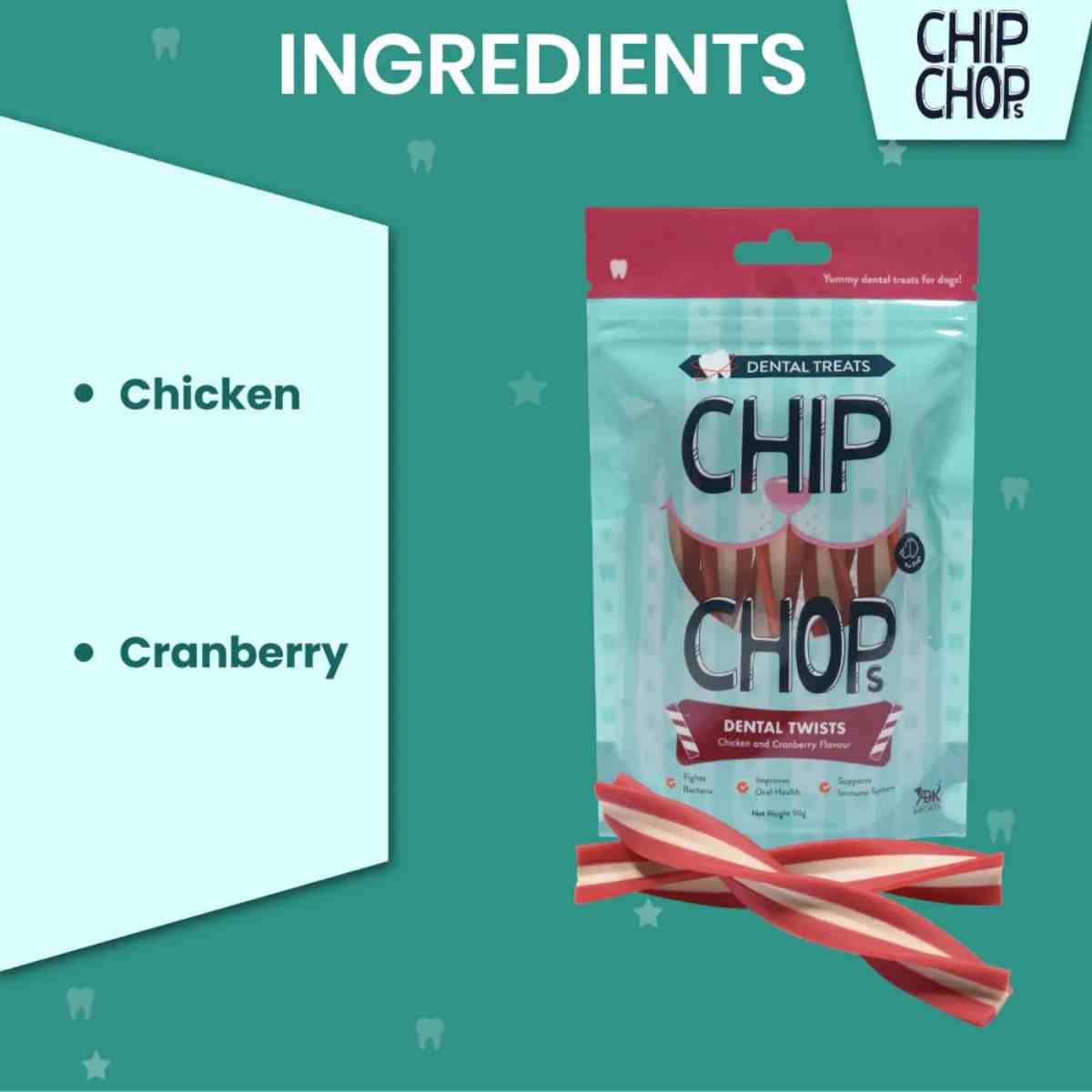 Chip Chops Dental Twist Chicken and Cranberry Flavor Dog Treat - 90gm