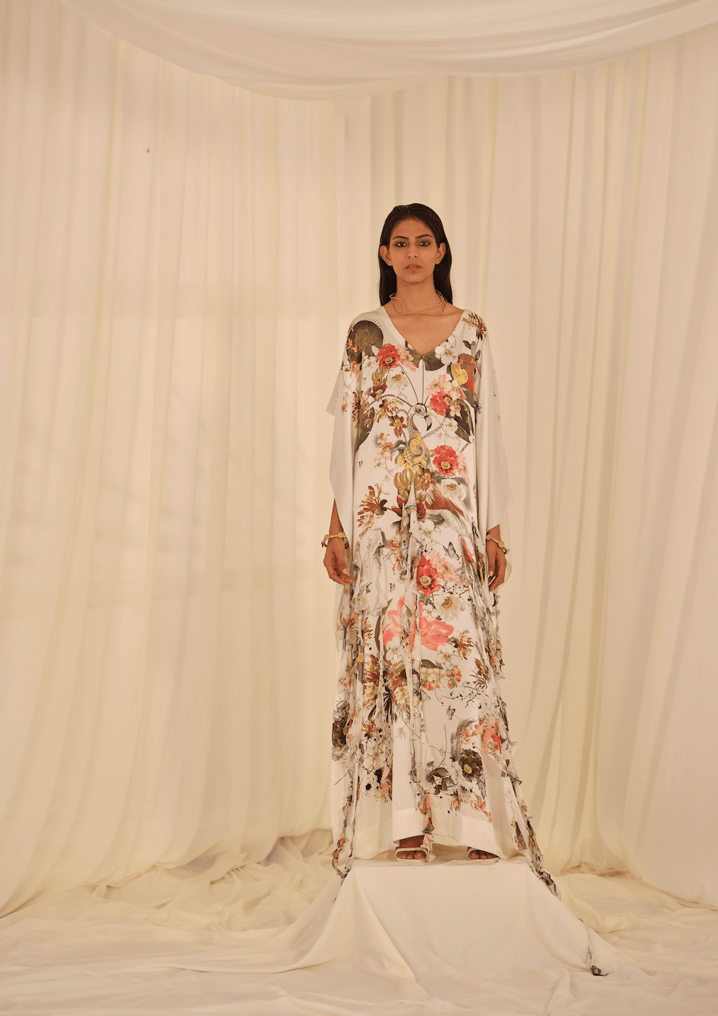 PRINTED SILK KAFTAN WITH RUFFLES