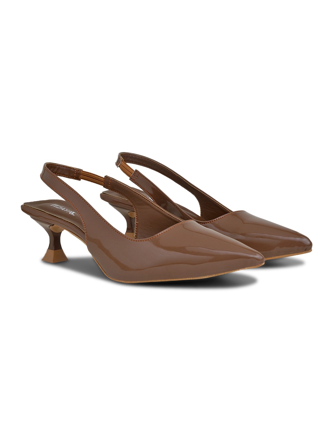 Patent Tan Pointed-Toe Slingback Heels