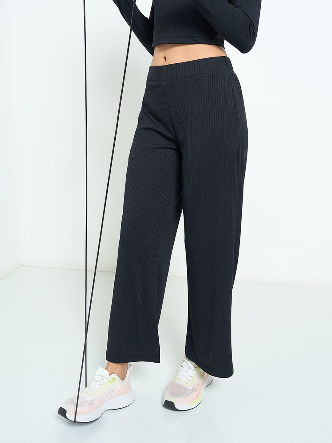 Black Rib Weave Wide-Leg Athleisure Pants