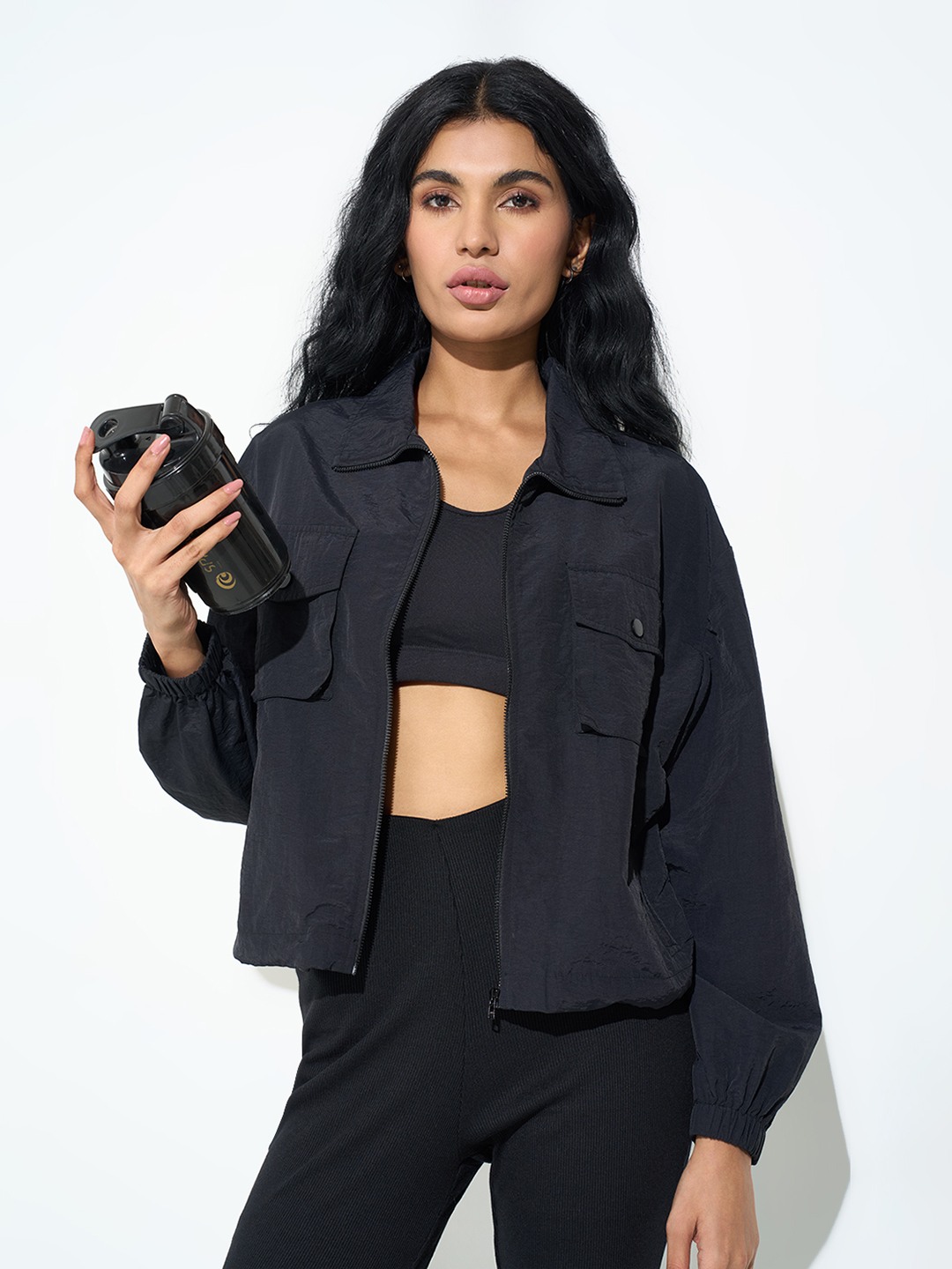 Black Solid Athleisure Jacket with Chest Pockets