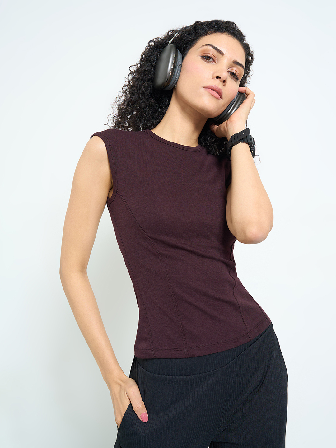 Brown Ribbed Fitted Top