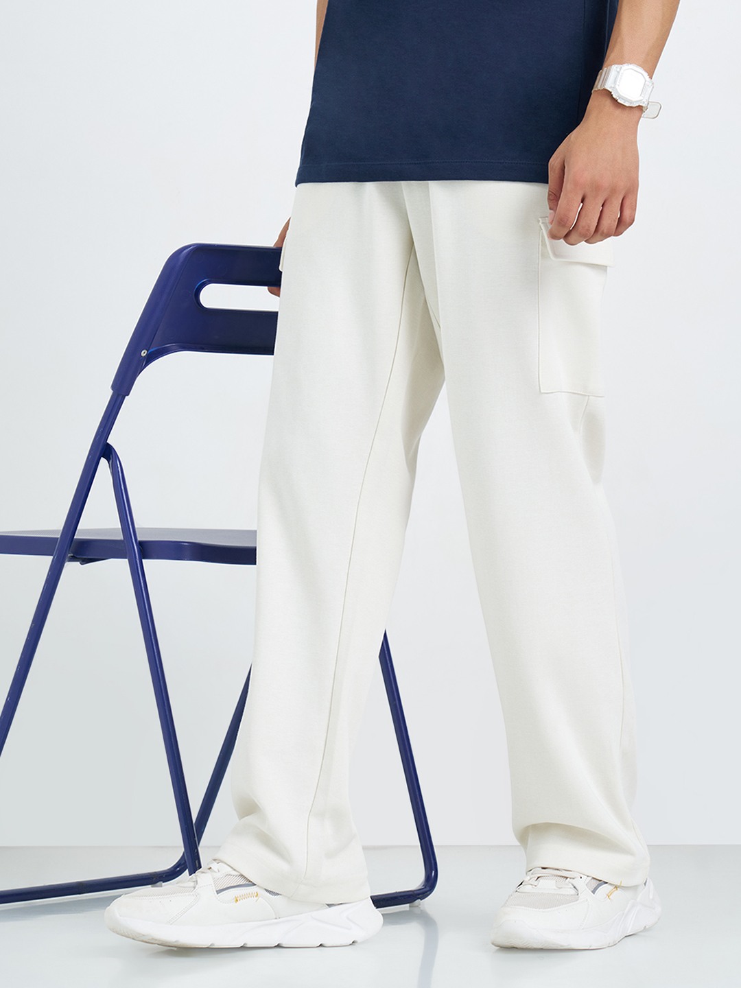 Cream Solid Cargo Track Pants