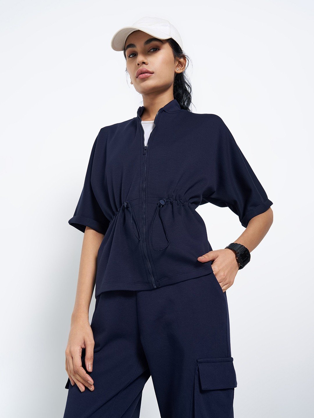 Navy Drawstring Waist Zip-Front Jacket