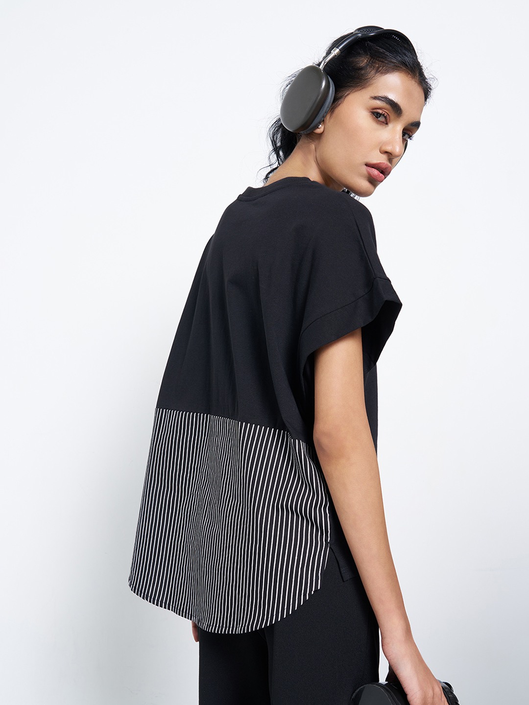 Black Drop-Tail Hem Relaxed Fit Top