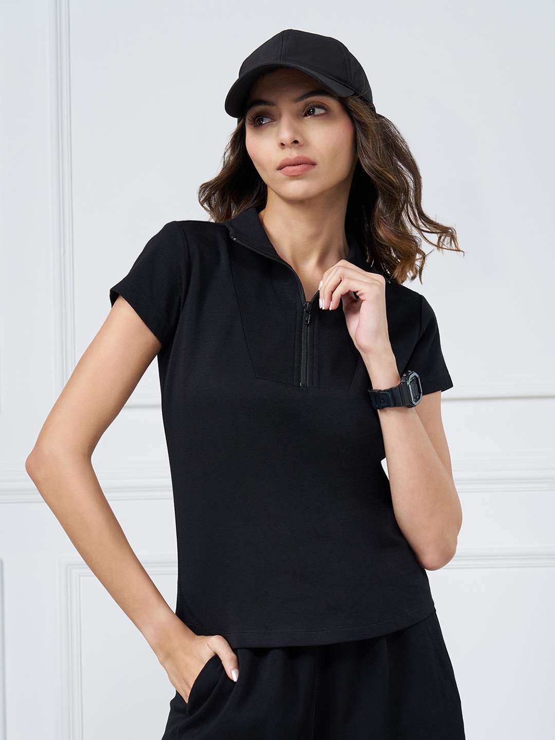 Black Athleisure Zip-Neck Top