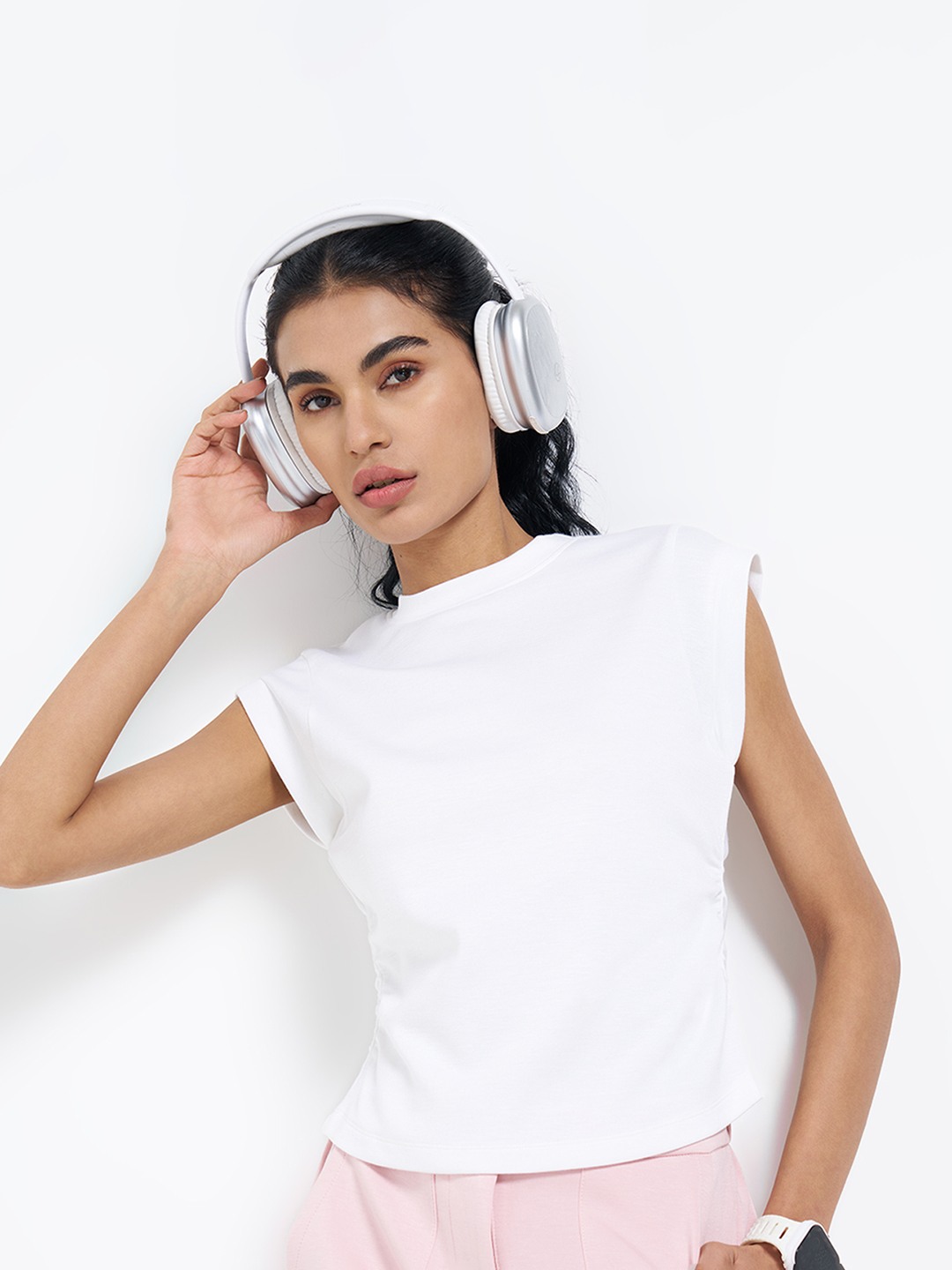 White Solid Cap Sleeve Ruched Detail Top