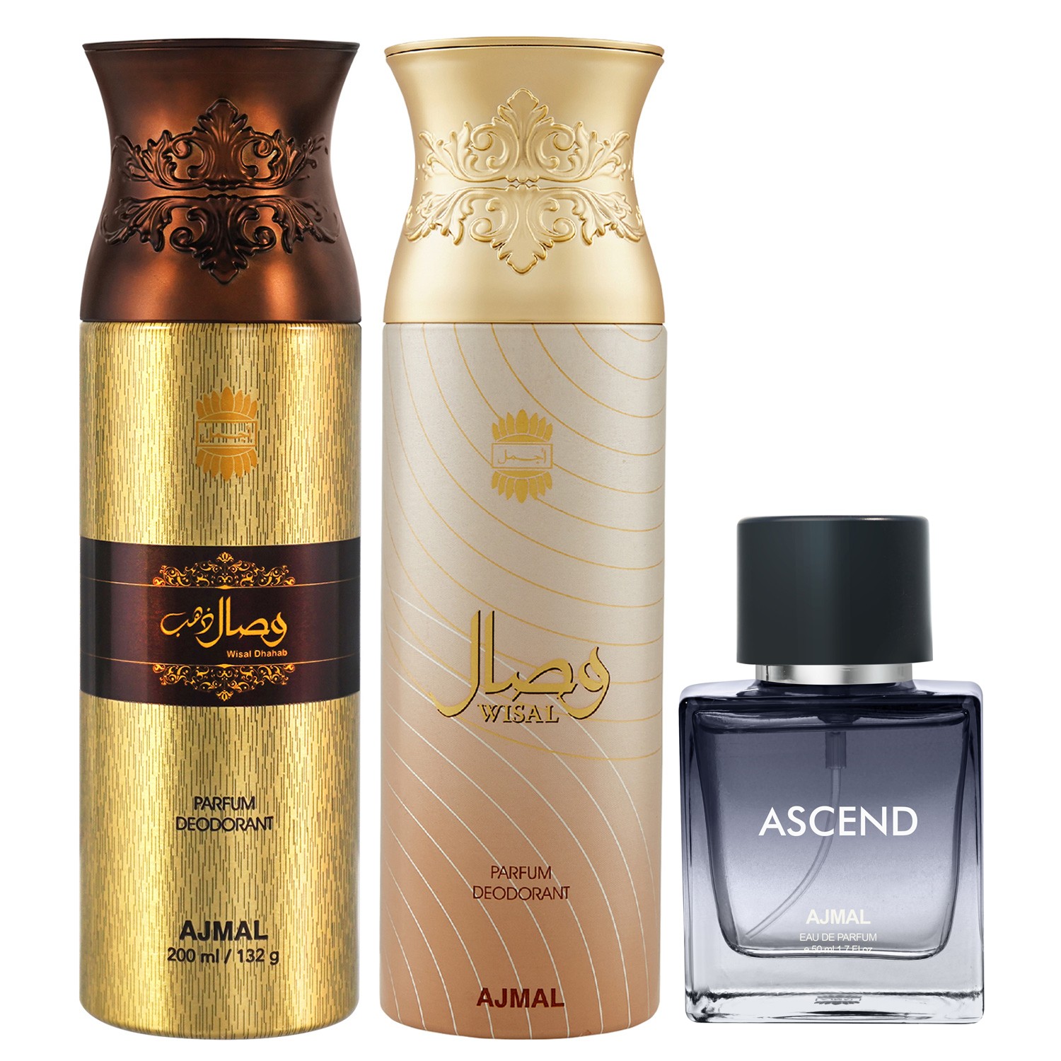 Ajmal Wisal Dhahab & Wisal Deodorant Spray Gift For Men & Women and Ascend EDP 50 ml for Man and Women (450 ml, Pack of 3)