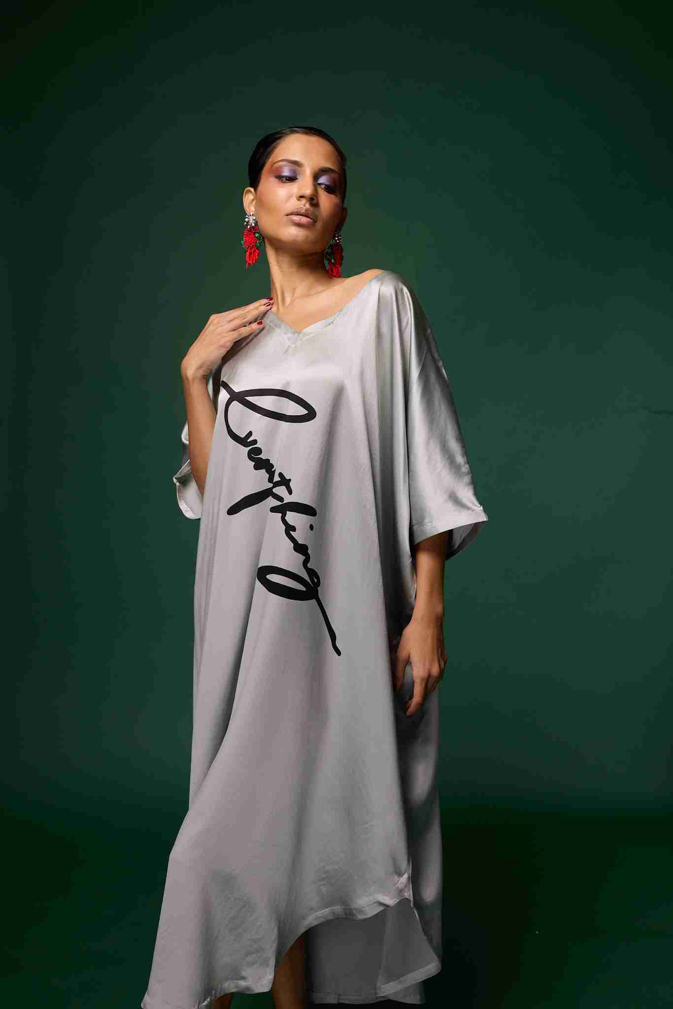 AKOK Elegance Grey Printed Silk Kaftan