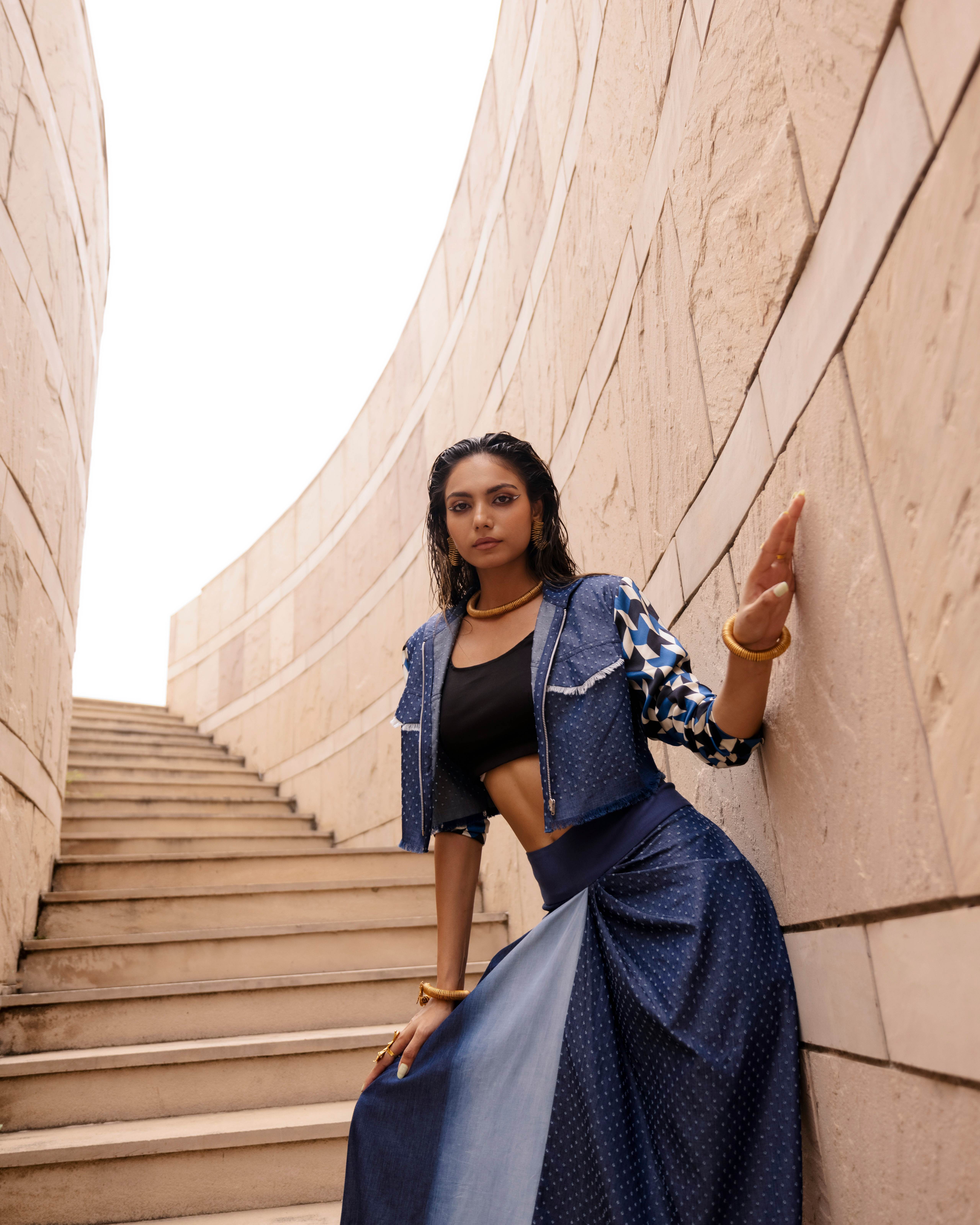 AK-OK Denim Crop Jacket and Knotted Skirt Set