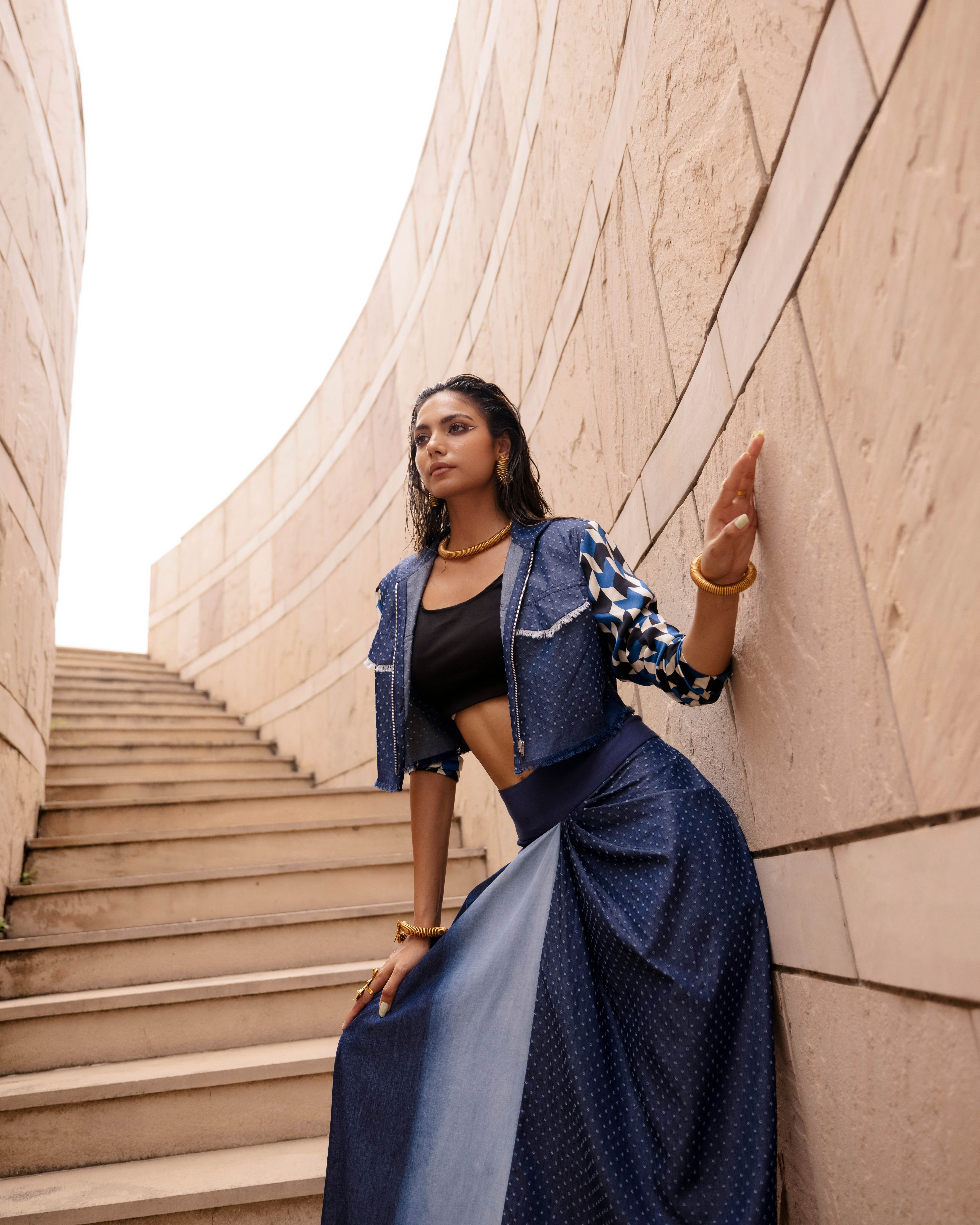 AK OK Denim Crop Jacket and Knotted Skirt Set