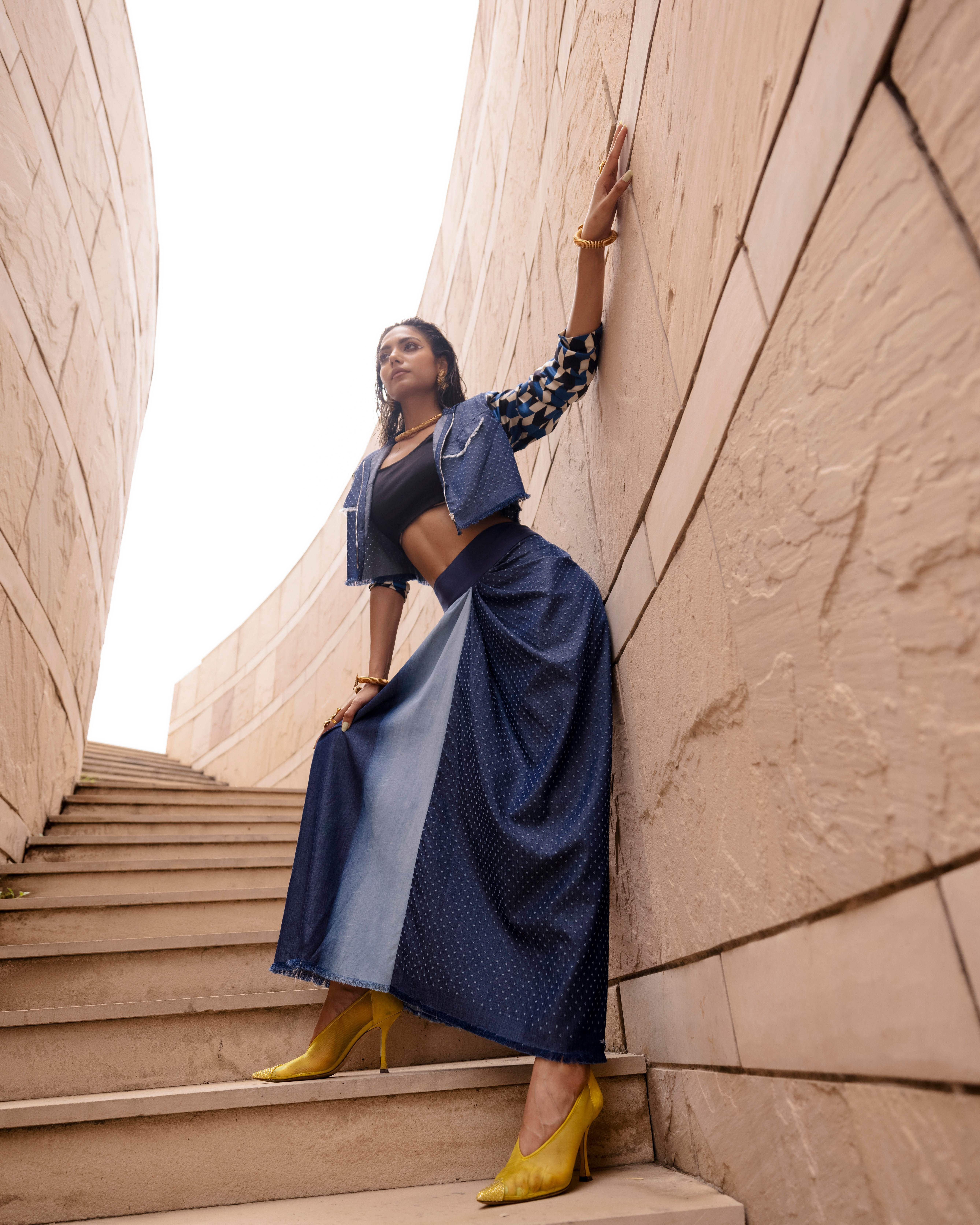 AK-OK Denim Crop Jacket and Knotted Skirt Set