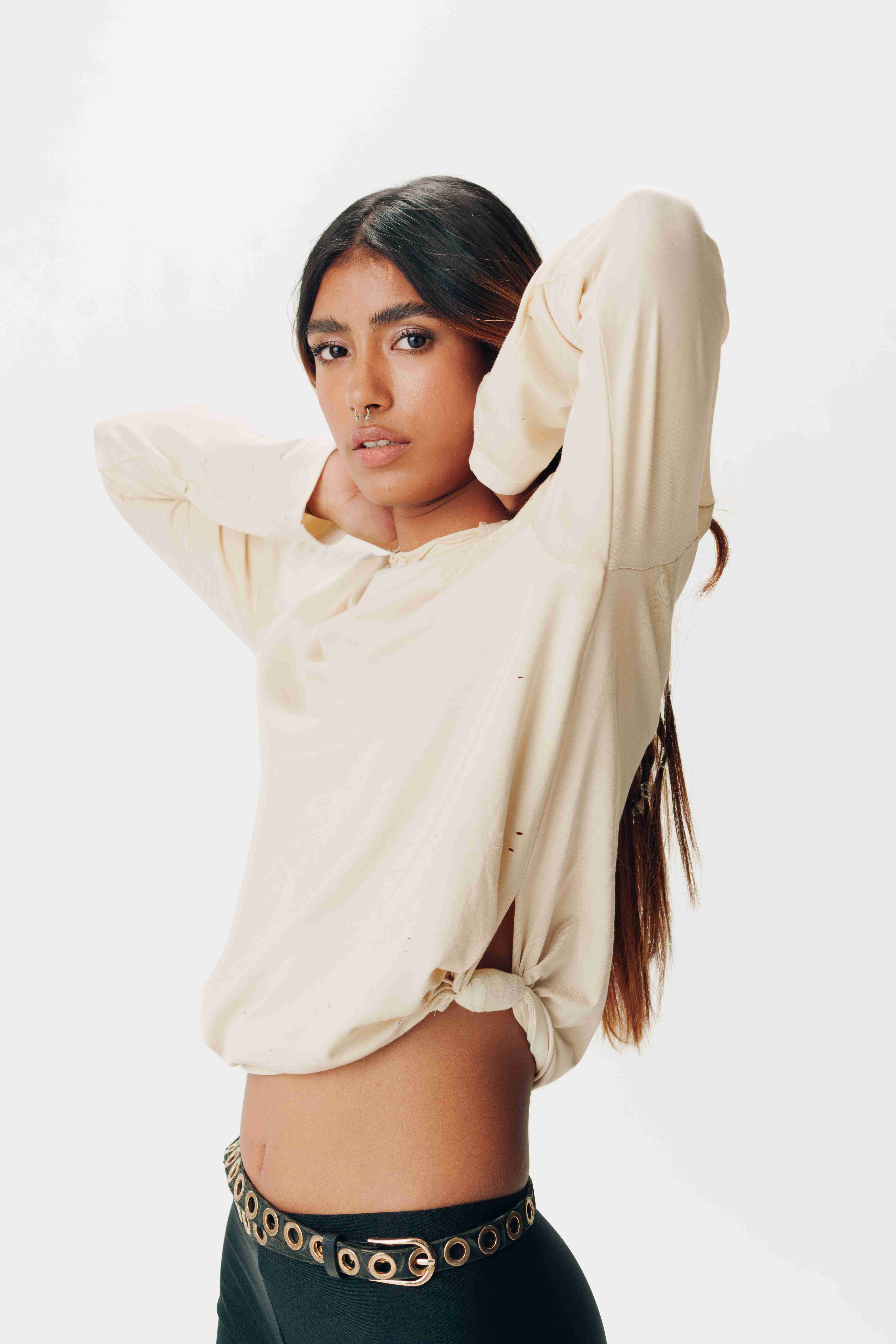 AKOK Couture Cream Full Sleeve T-Shirt with Side Knot Design