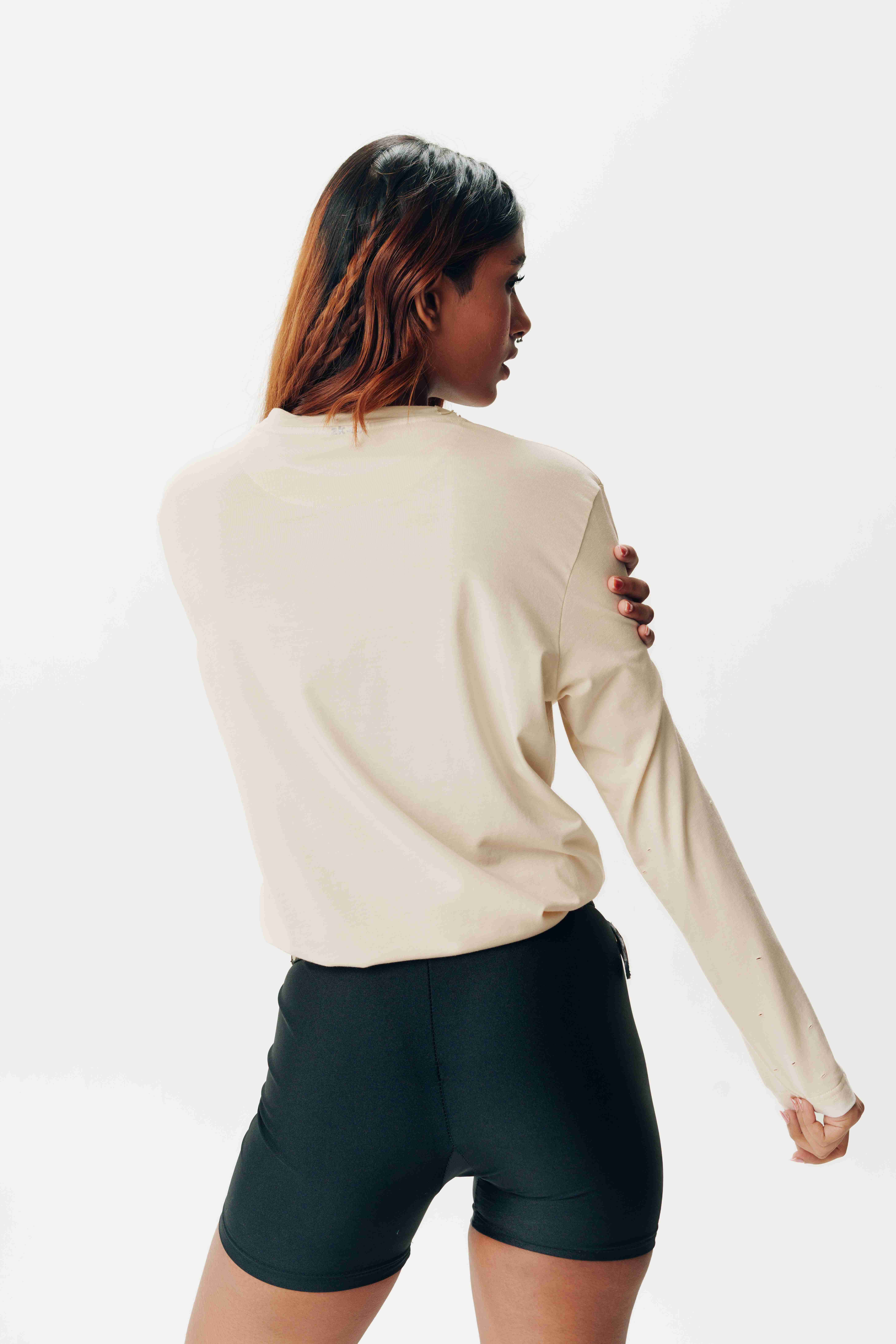 AKOK Couture Cream Full Sleeve T-Shirt with Side Knot Design