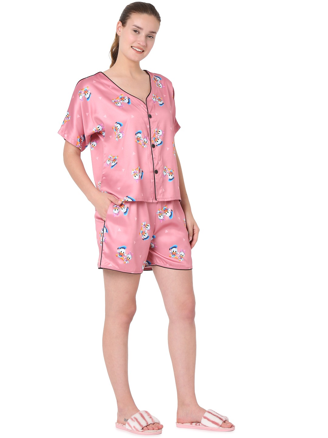Smarty Pants women's silk satin mauve pink color cartoon print shorts & shirt night suit. 