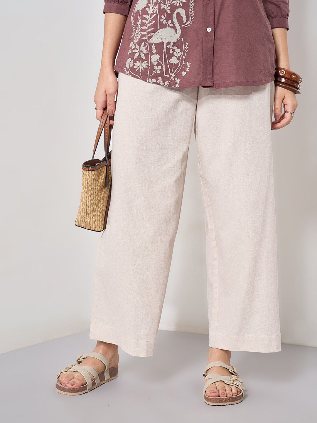 Beige Pleated Wide Leg Trousers