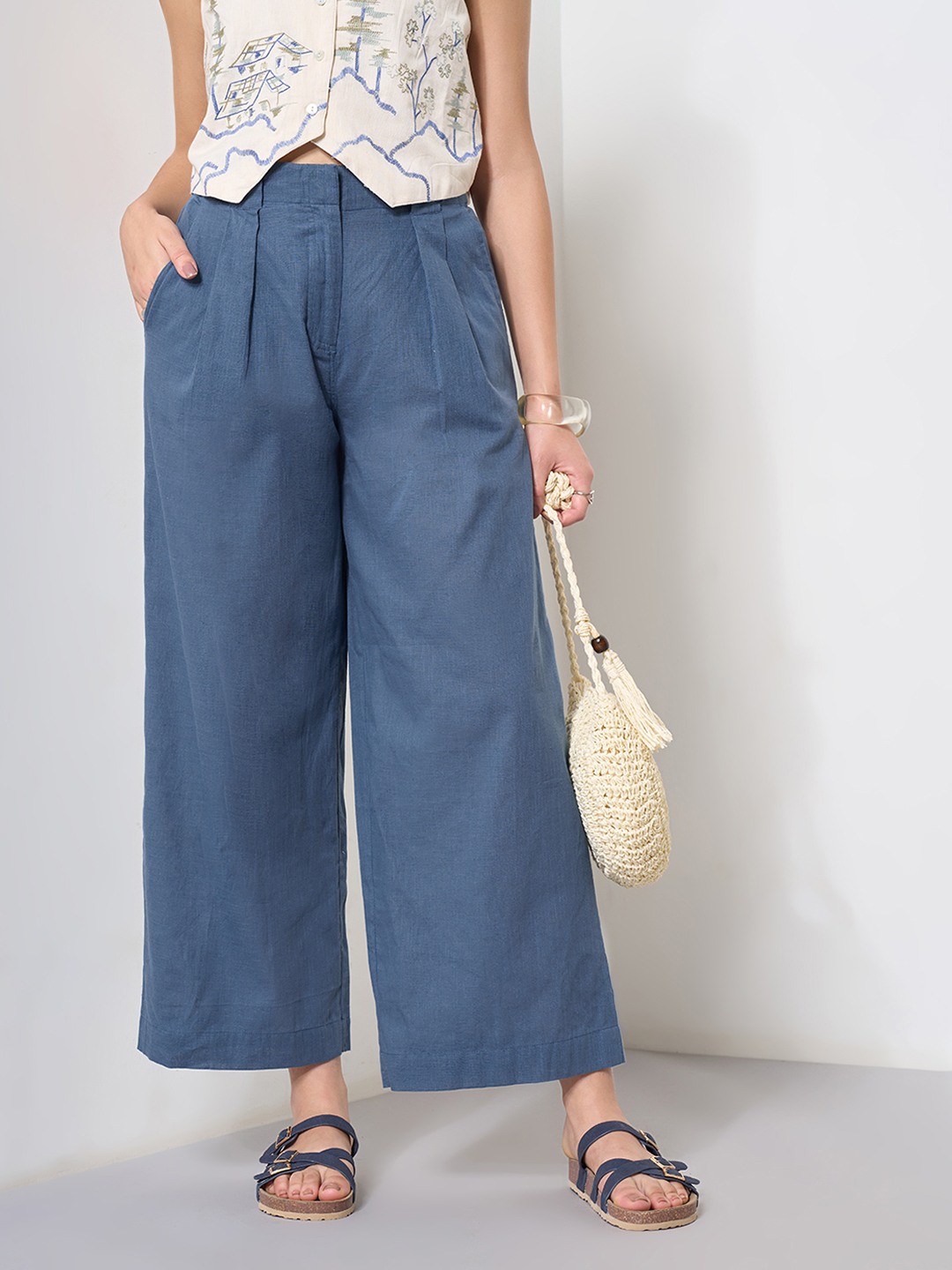 Teal Pleated Wide Leg Cropped Trousers