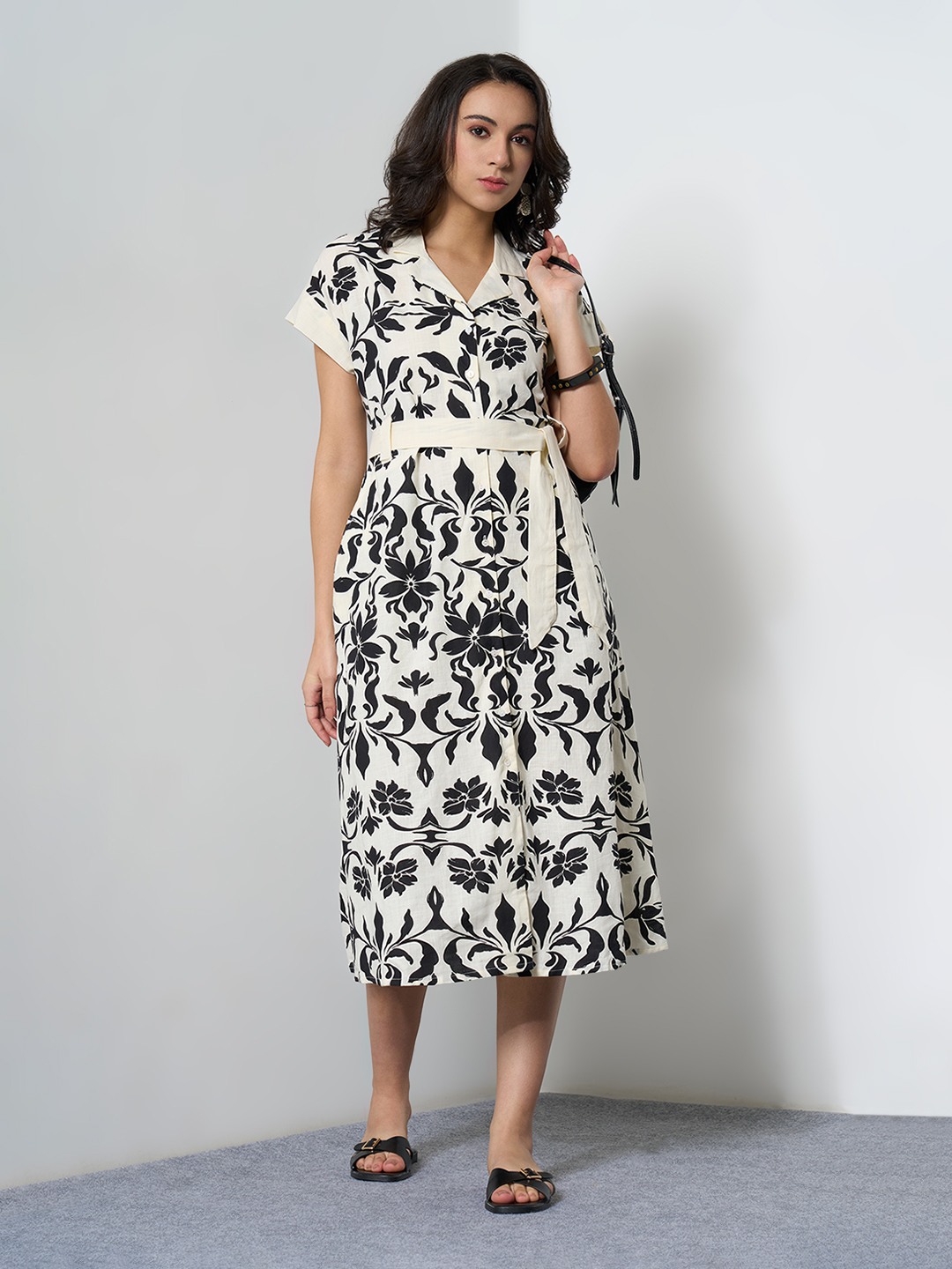 Off-White Floral Print Midi Shirt Dress