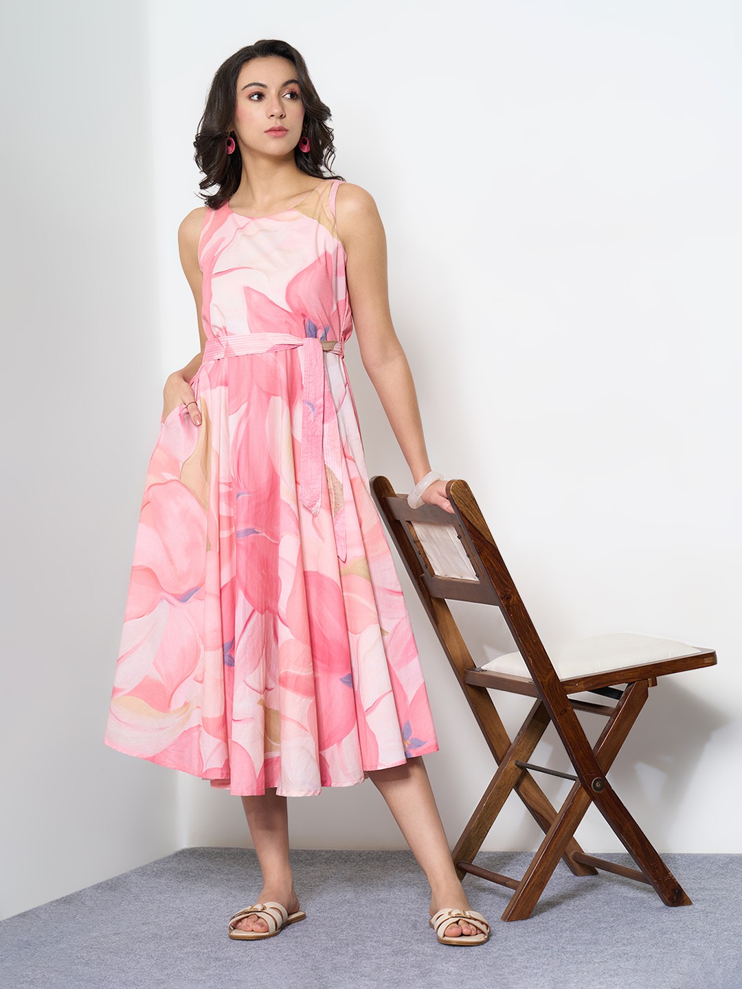 Pink Floral Print Sleeveless Fit & Flare Midi Dress