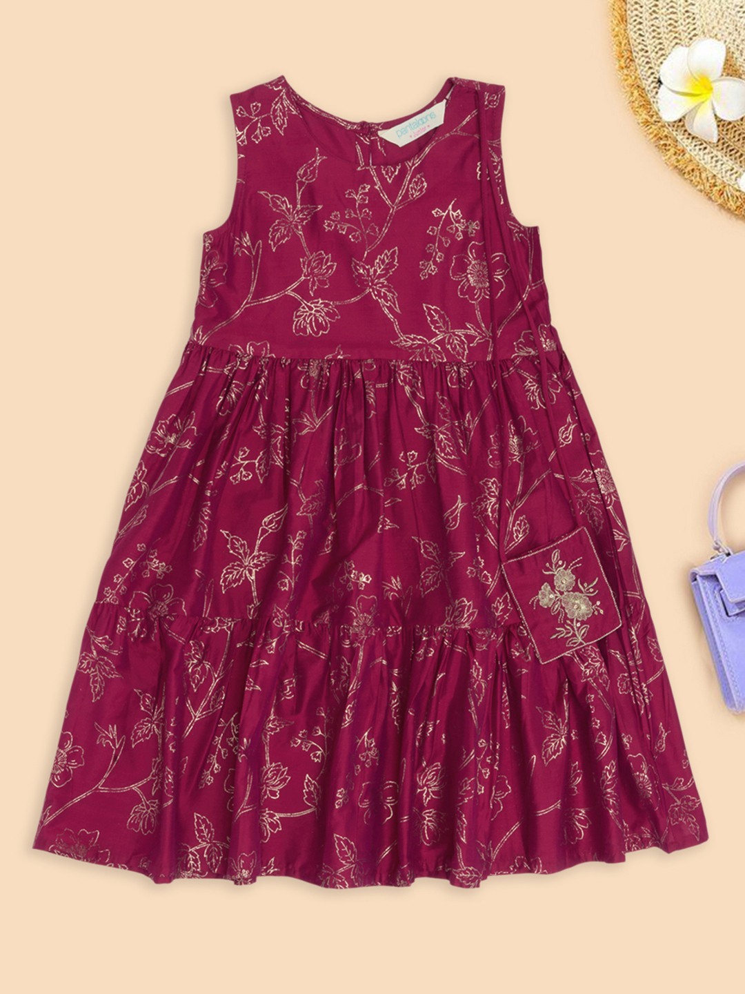 Maroon Sleeveless Floral Foil Print Fit & Flare Dress with Embroidered Sling Bag