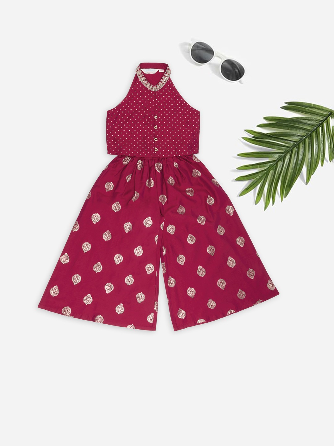 Pink Foil Print Halter Top & Palazzos Set