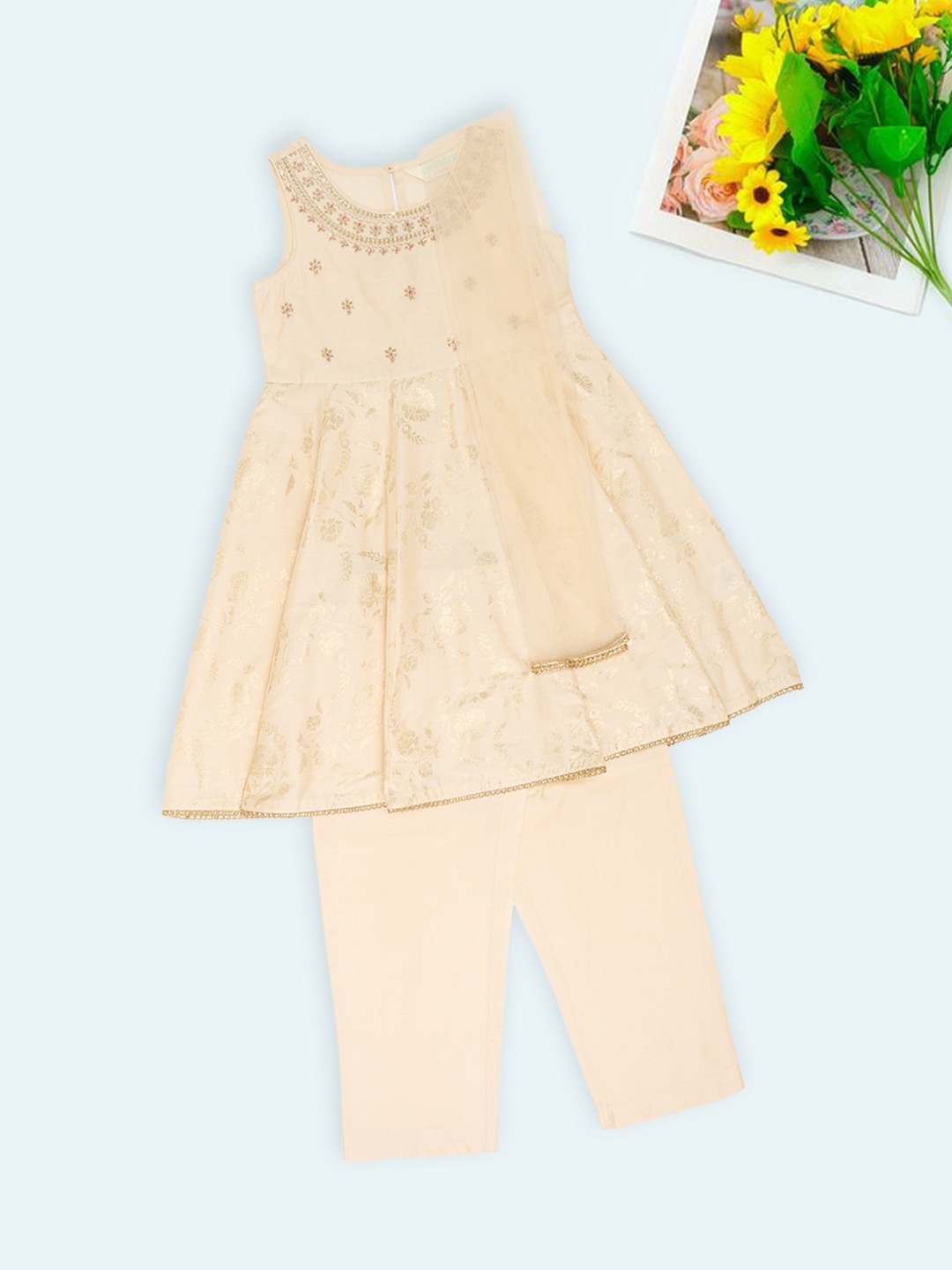 Gold Embroidered Kurta Pants & Dupatta Festive Set