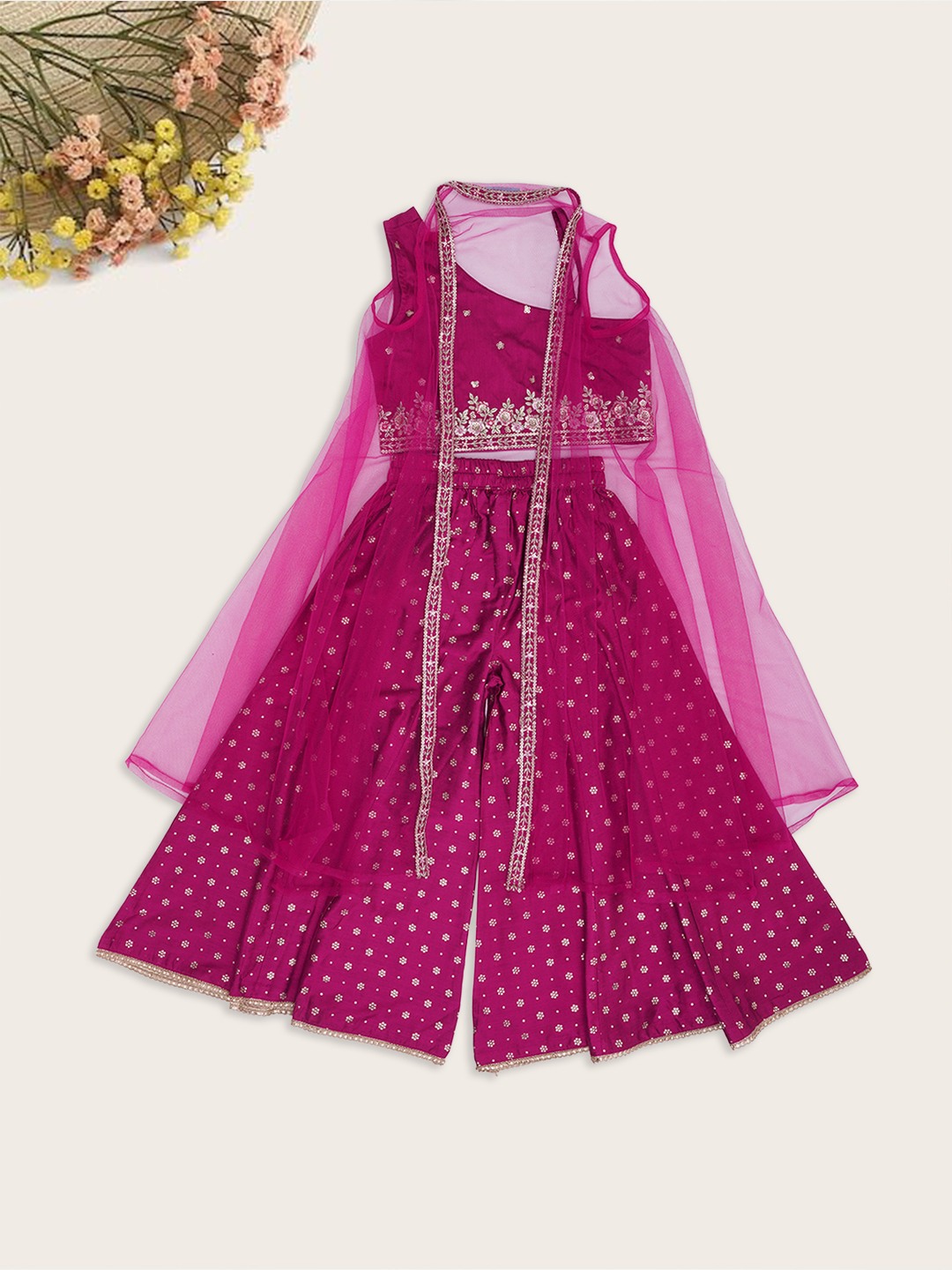 Wine Embroidered Top Panelled Palazzos & Sheer Overlay Set