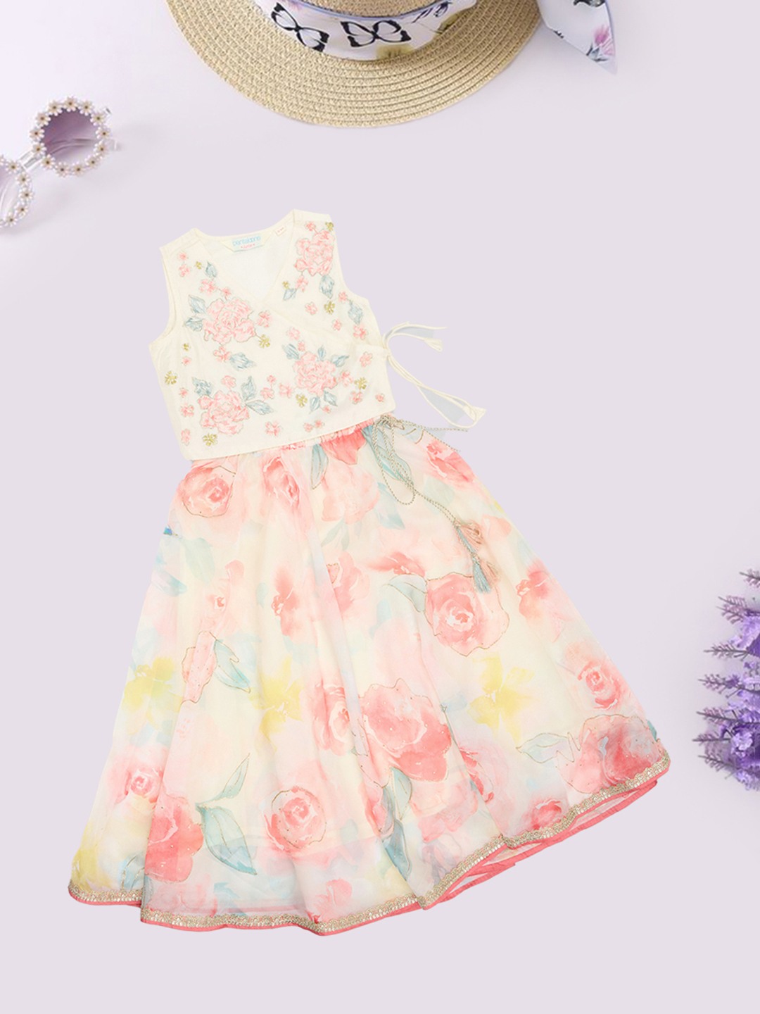 Cream Floral Embroidered Choli & Rose Print Ghargra Set