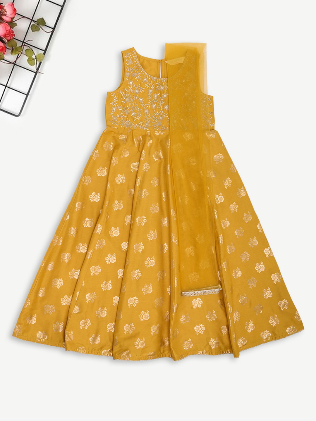 Yellow Foil Print Embroidered Kurta Dress and Sheer Dupatta Set